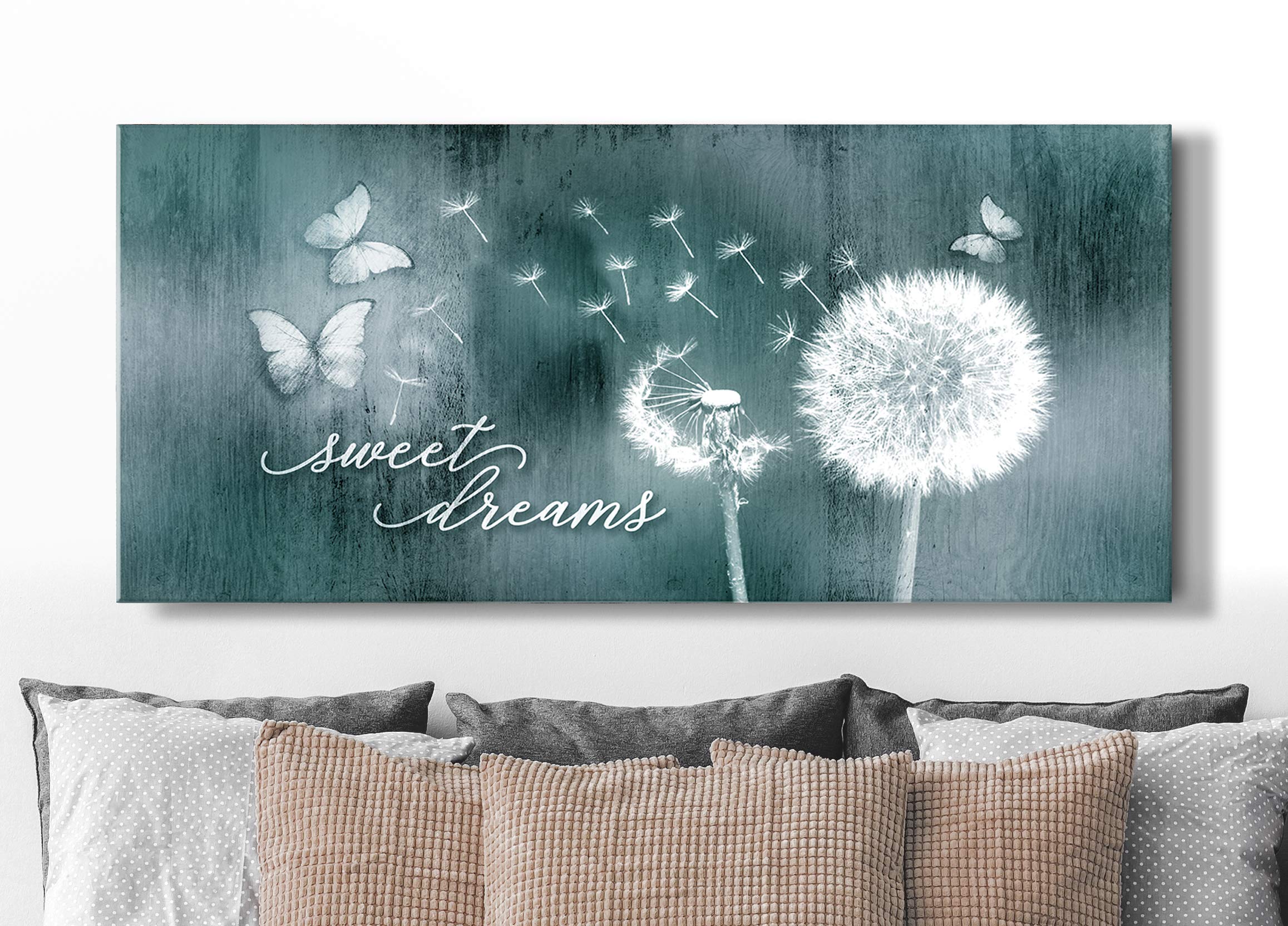 Sweet Dreams Dandelion Wall Art - Large 60x27 Teal Canvas Painting for Master Bedroom Decor, Above Bed Wall Hanging, Home Décor Sign - Perfect for Creating a Calming Atmosphere in Bedrooms