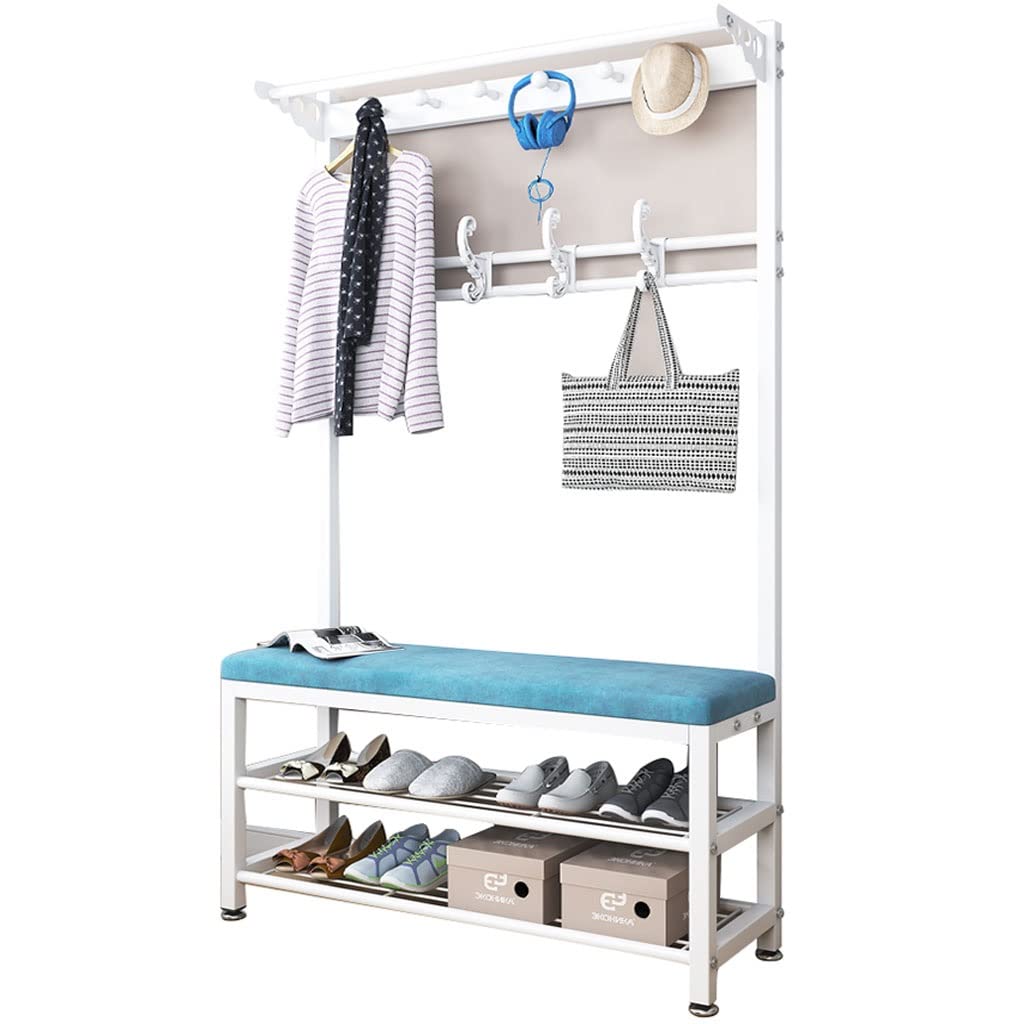3-in-1 Entryway Hall Tree Coat Rack with Shoe Storage Bench - 10 Hooks & 2-Tier Metal Frame - Multifunctional Hallway Furniture - Easy to Assemble (White & Blue, 100x33x170cm) - Perfect for Small Spaces, Apartments & Home Organization