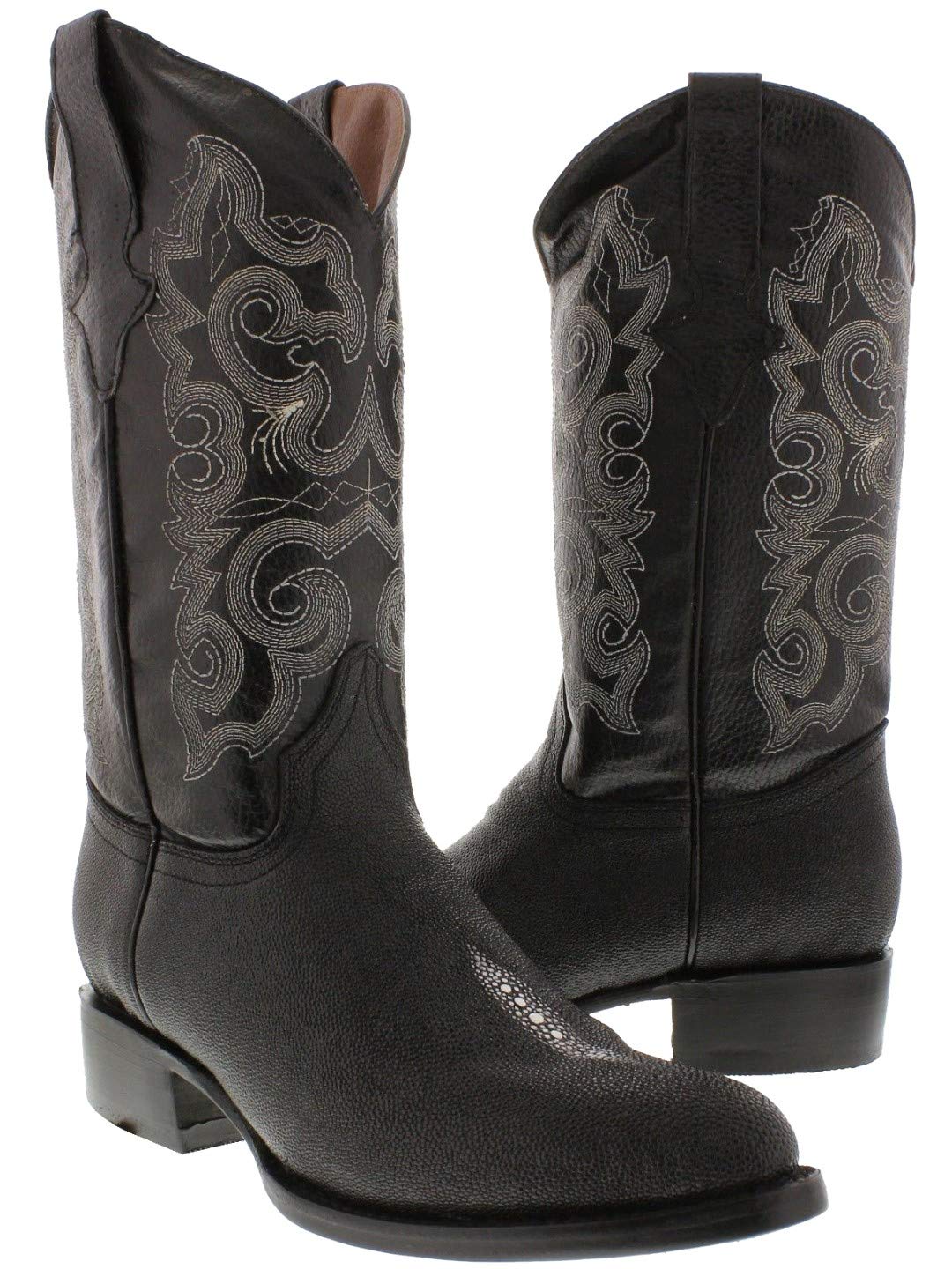 Men's Black Western Leather Cowboy Boots with Stingray Stone Print - Round Toe for Country Dancing, Rodeo & Western Fashion