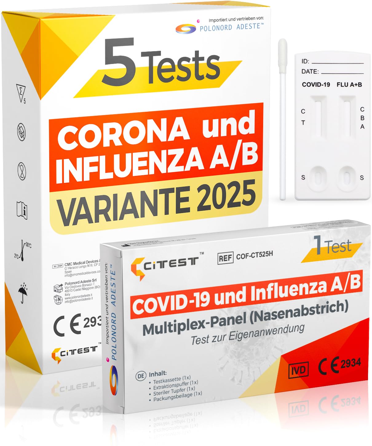 Adeste 5-in-1 COVID-19 & Influenza A/B Rapid Test Kit (2025 Approved) - Detects Both Coronavirus and Flu Viruses - FDA-Cleared for New 2025 Variants | Home Testing, Travel Screening, Workplace Safety, School Health Checks