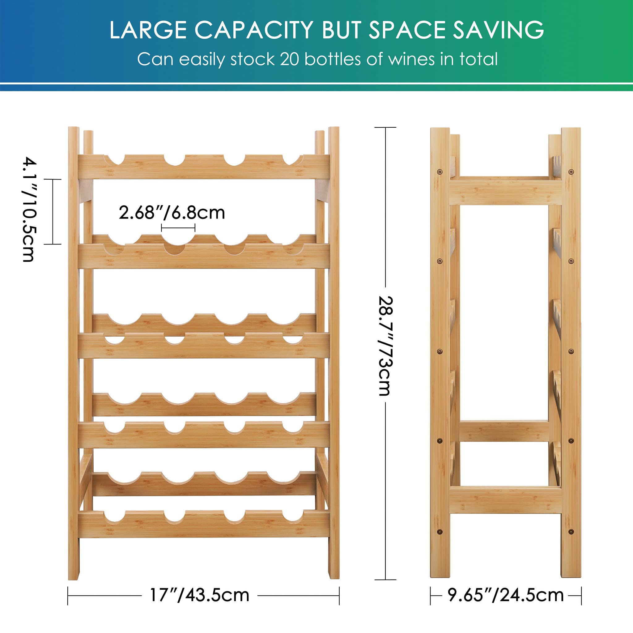SMIBUY 5-Tier Bamboo Wine Rack - Holds 20 Bottles - Free Standing Wine Storage Shelf for Kitchen, Pantry, Cellar or Bar - Natural Wood Display Holder - Perfect for Home Entertaining & Wine Collection Organization