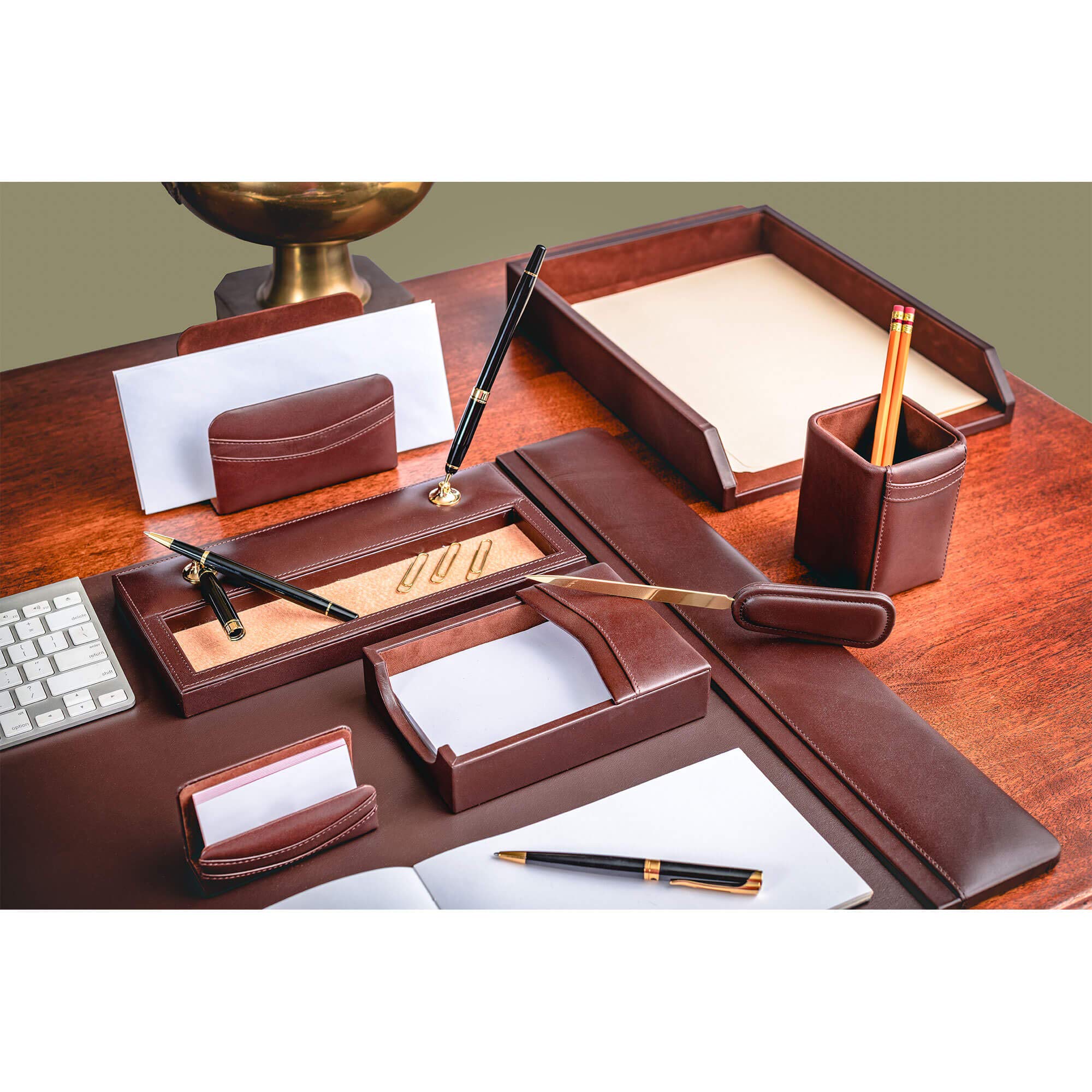 Premium Dacasso Classic Leather Desk Set - 8-Piece Office Organizer in Chocolate Brown | Perfect for Executive Desks, Home Offices & Professional Workspaces