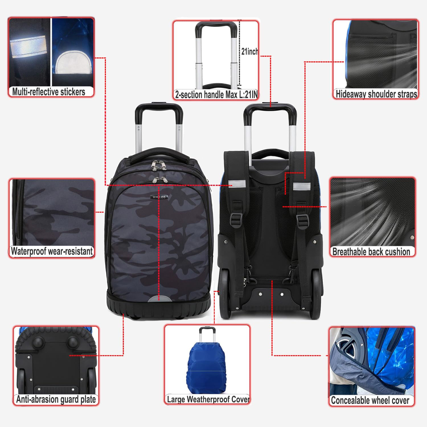 55L Rolling Backpack with Wheels - Waterproof Business Backpack with Silent Large Wheels & Dual Handles - 22 Inch Carry On Backpack with Laptop Compartment (Black) - Perfect for Business Travel, Commuting & College Students