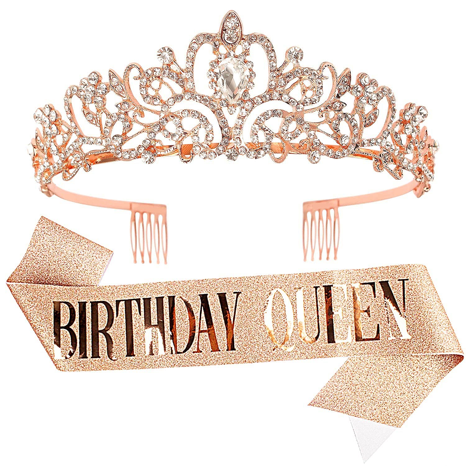 Elegant Crystal Rose Gold Tiara for Women - Birthday Queen Crown with Combs & Sash | Princess Party Hair Accessories for Women & Girls | Perfect for Birthday Celebrations, Pageants, Weddings & Special Occasions