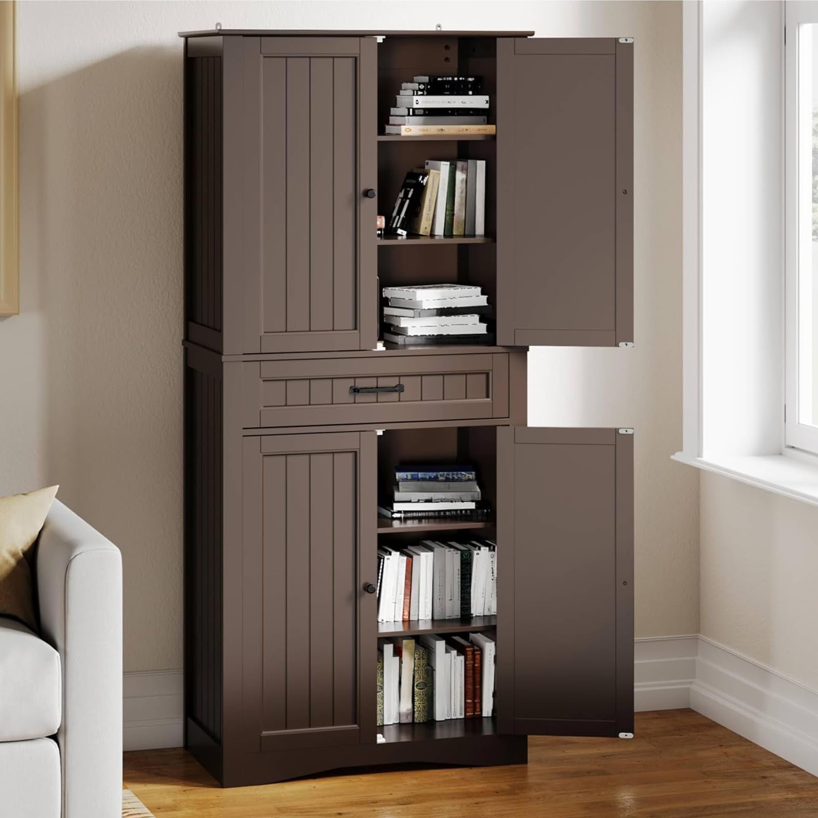 Gizoon 71 Inch Freestanding Pantry Cabinet with 4 Doors & 4 Adjustable Shelves - Large Storage Organizer for Kitchen, Bathroom, Living Room - Perfect for Storing Food, Toiletries & Home Essentials