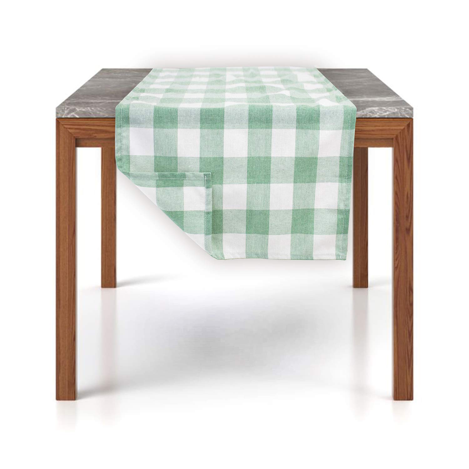 Fennco Styles Country Buffalo Check Soft Table Runner 16 x 90 Inch - Green Plaid Table Cover for Dining Room, Kitchen, Picnic, Family Gathering, Indoor Outdoor Parties, Wedding & Holiday Decor