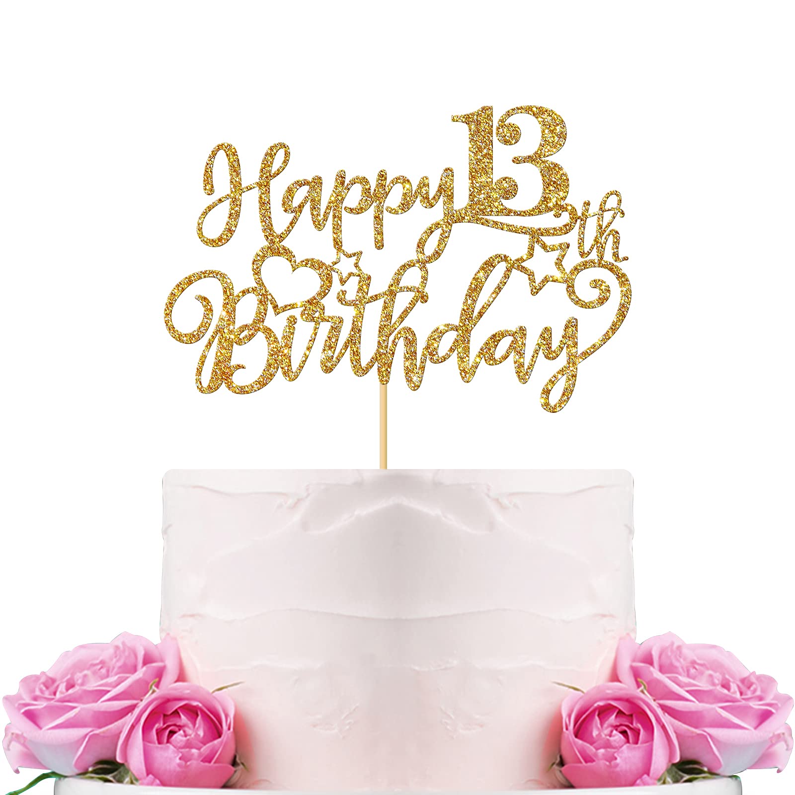 Happy 13th Birthday Cake Topper - Gold Glitter Teenager Cake Decorations for Boys & Girls - Perfect for Thirteen Year Old Birthday Party Supplies & Celebrations