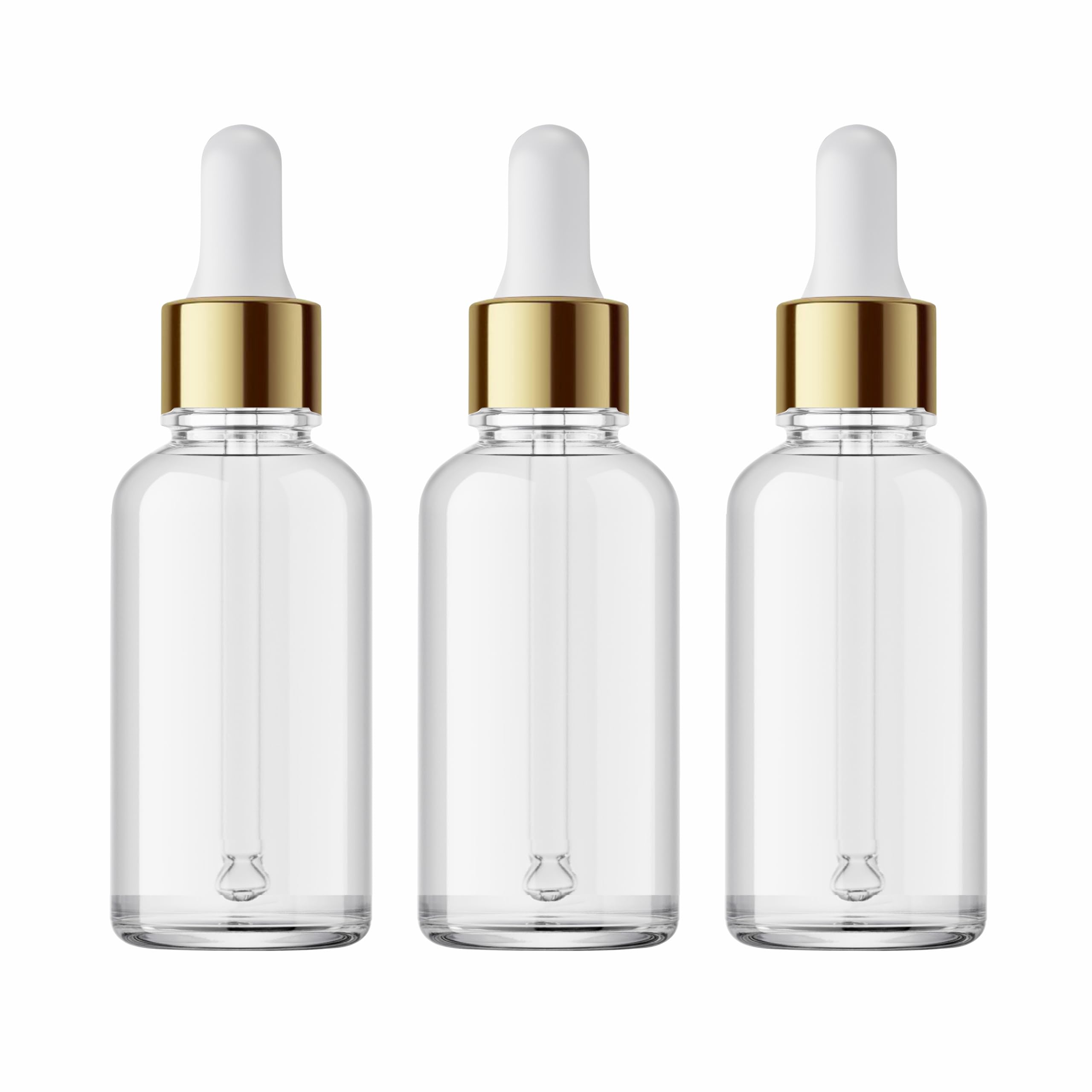 PACKCESS 30ml Clear Glass Dropper Bottles with Golden Ring & White Silicone Cap - Refillable Essential Oil Bottles, Leak Proof Serum Containers for DIY Cosmetics, Perfume, Face Oil (Set of 3) - Perfect for Travel, Home Use & Gift Giving