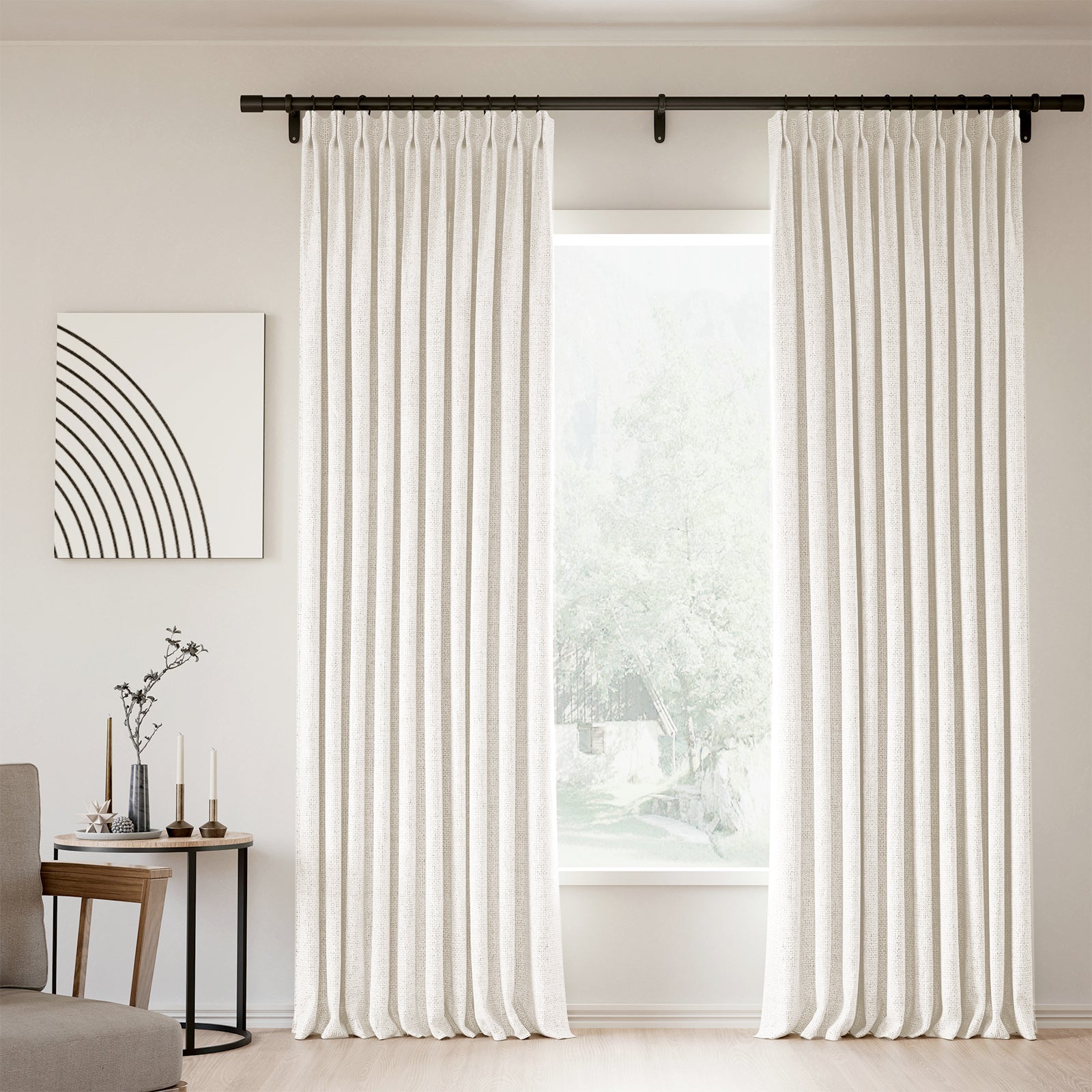 Pinch Pleated Blackout Curtains - 100% Linen Fabric, Thermal Insulated, Noise Reducing - Modern Custom Drapes for Bedroom & Living Room - Natural Snow White (Memory Trained) - Perfect for Home Theater, Nursery & Light Control
