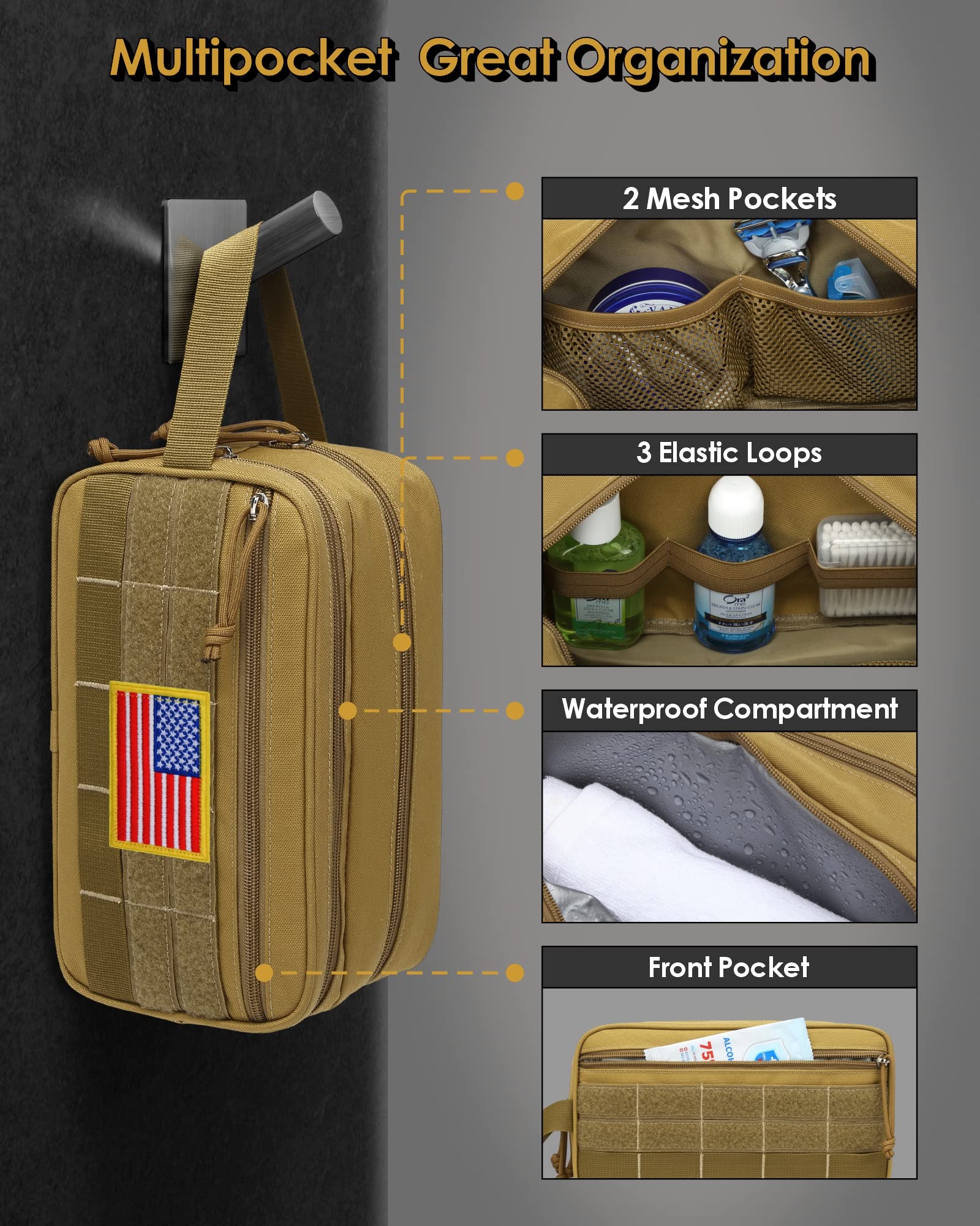TACTICISM Men's Travel Toiletry Bag - Large Capacity Water-Resistant Shaving Kit with Wet/Dry Separate Compartments & MOLLE System - Perfect for Camping, Gym, Business Trips & Outdoor Adventures (Brown)