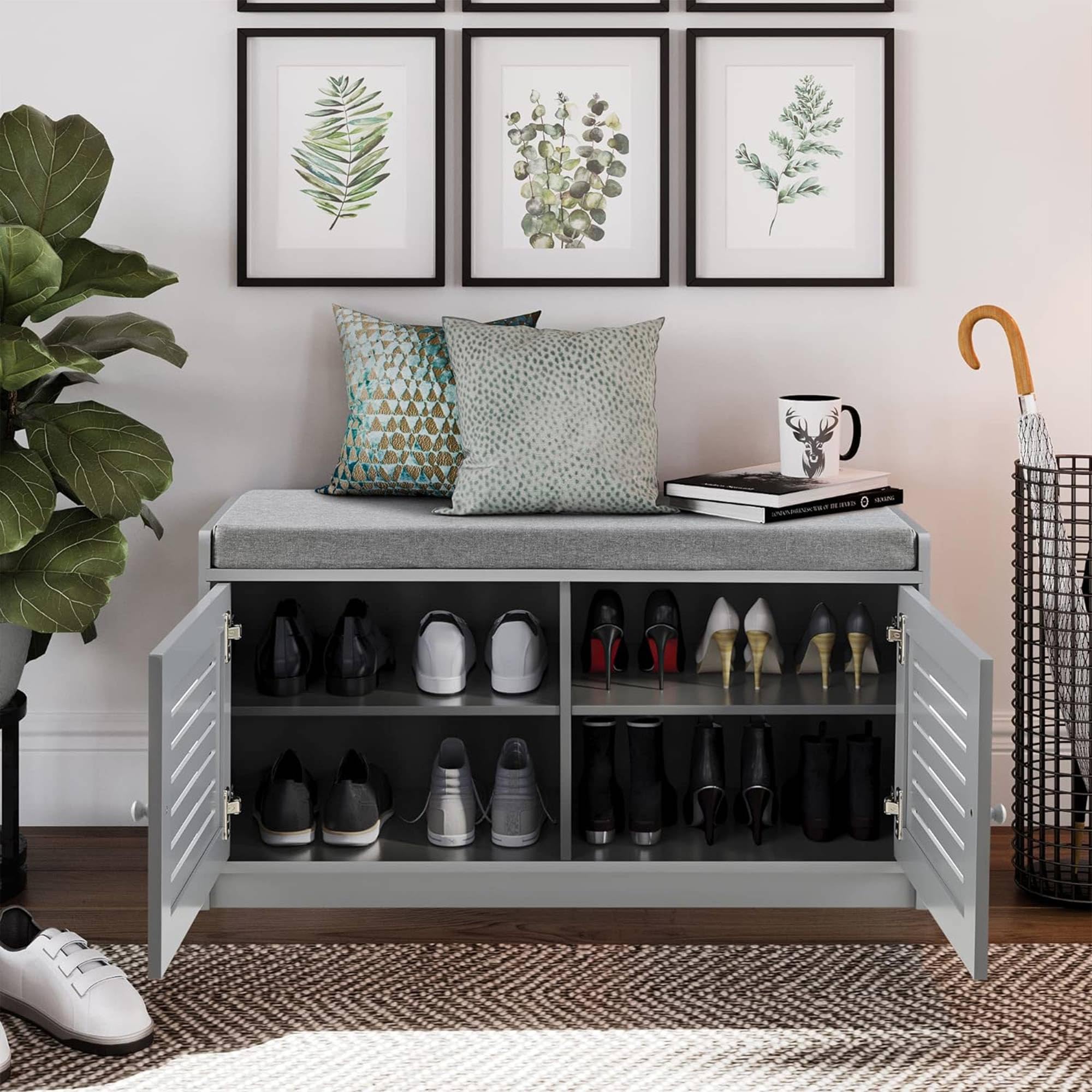 2 Pack Gray Wooden Shoe Storage Bench with Cushioned Seat & Adjustable Shelves - Entryway Organizer for Living Room, Bedroom & Hallway | Perfect for Small Spaces, Closet Organization & Shoe Rack Furniture
