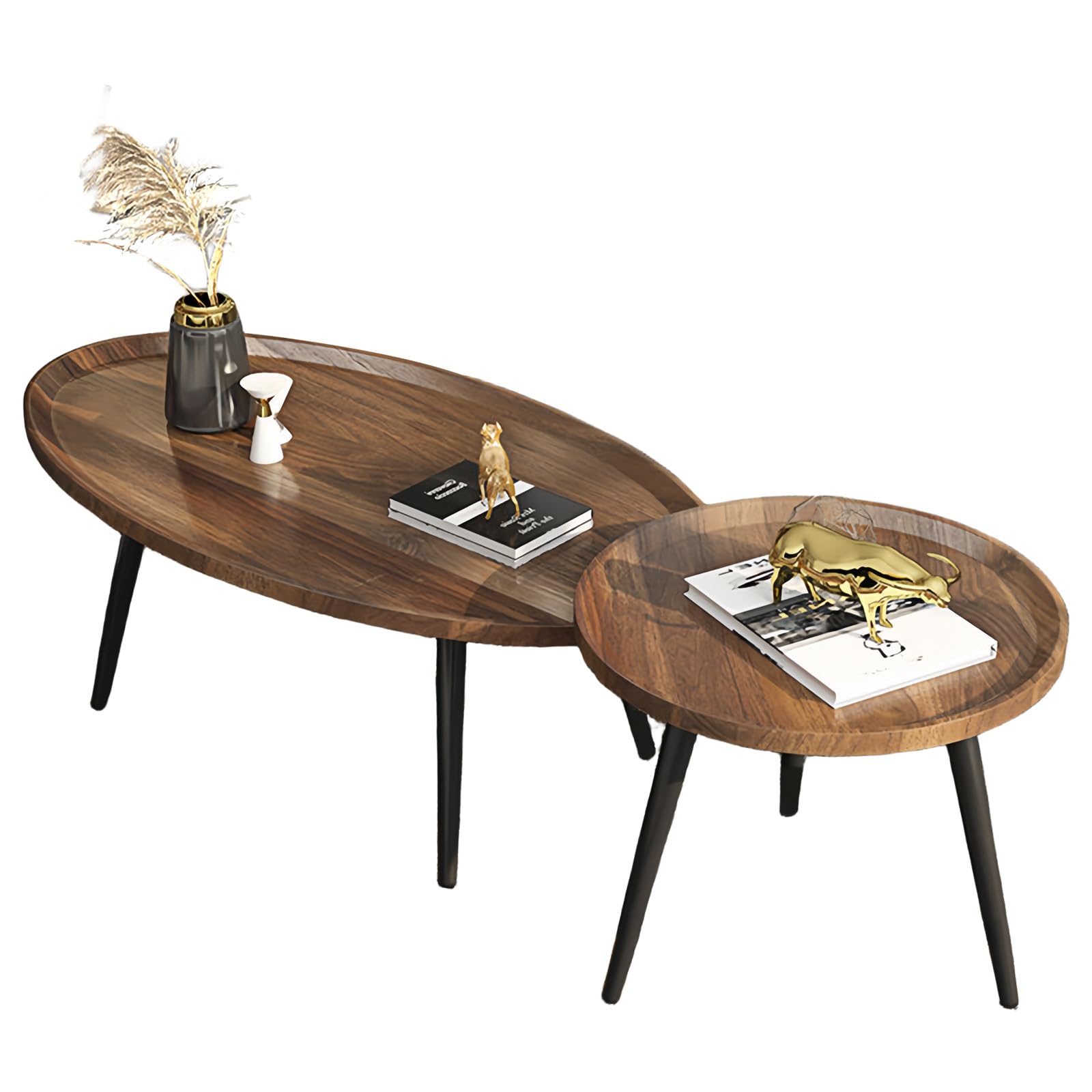 Modern Oval Nesting Coffee Table Set of 2 with Wood Legs - Walnut Finish Living Room, Bedroom & Office Accent Tables (31.5”+19.6”) - Perfect for Small Spaces, Conversation Areas & Home Decor