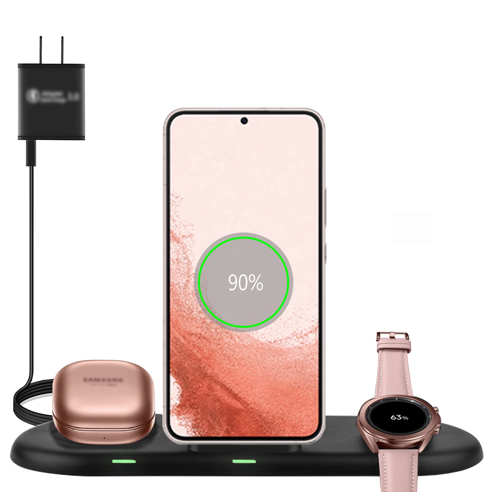 3-in-1 Fast Wireless Charging Station for Samsung Galaxy Watch 4/Active 2, Galaxy Buds & Phones - Compatible with S22/S20/Note Series | Multi-Device Charging Dock | Perfect for Home, Office & Travel (Black)