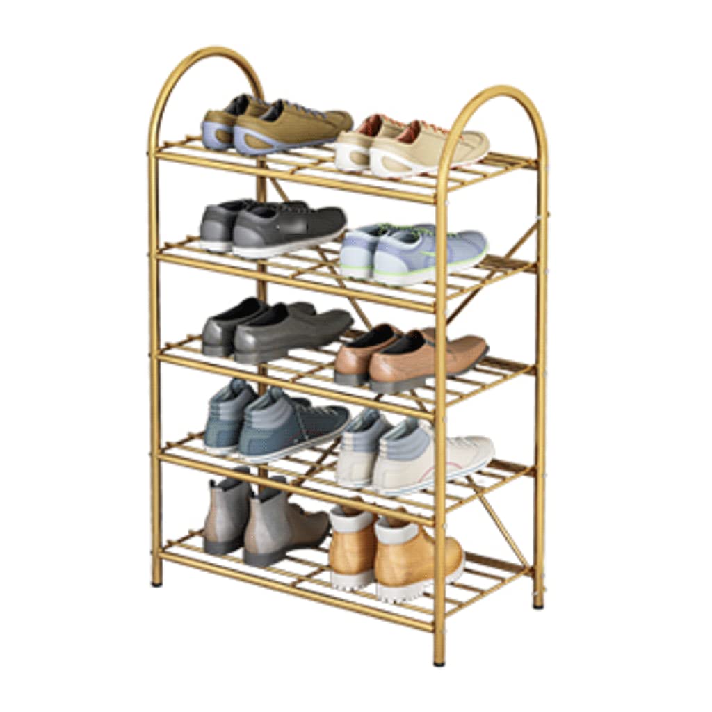 5-Tier Free Standing Metal Shoe Rack Organizer - Space Saving Closet Storage with X-Shaped Reinforcement & Wire Grid (Golden) - Perfect for Entryways, Bedrooms, and Small Spaces