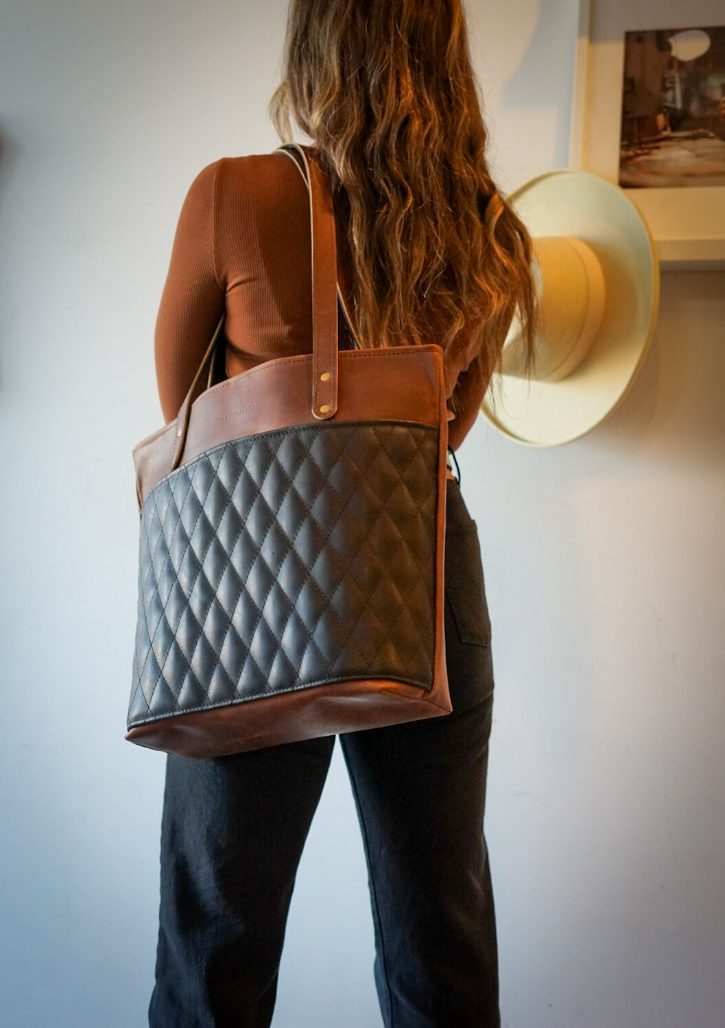 Premium Diamond Stitch Tote Bag - Dark Amber Harness & Flat Black | Stylish & Durable Shopping Bag for Women, Work, Travel & Everyday Use