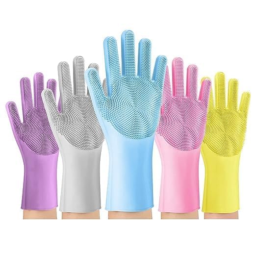MAGOPAJA Magic Silicone Gloves with Scrubber - Heat Resistant Dishwashing Gloves for Kitchen Cleaning, Pet Grooming & Car Washing (Multicolor) - Perfect for Washing Dishes, Bathing Pets & Household Cleaning Tasks