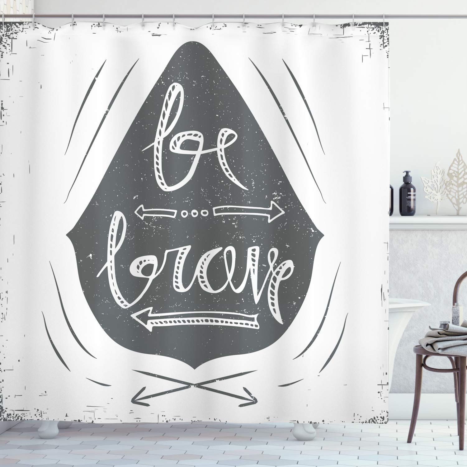 Ambesonne Inspirational Shower Curtain - 'Be Brave' Grey & White Arrow Dot Design, 69x84 Inch Fabric Bathroom Decor with Hooks | Motivational Bathroom Accessory for Home, Apartment & Dorm
