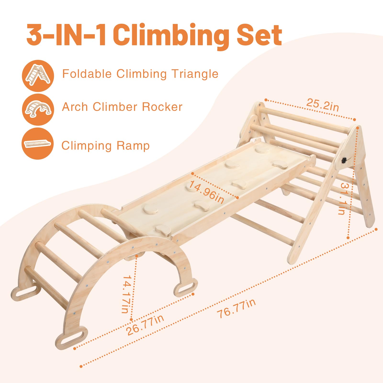 5 in 1 Wooden Climbing Toys for Toddlers - Foldable Montessori Climbing Triangle, Arch Climber & Ramp - Indoor/Outdoor Play Gym for Babies & Kids - Perfect Gift for Boys & Girls (Natural Wood) - Great for Playrooms, Backyards & Montessori Learning Activities