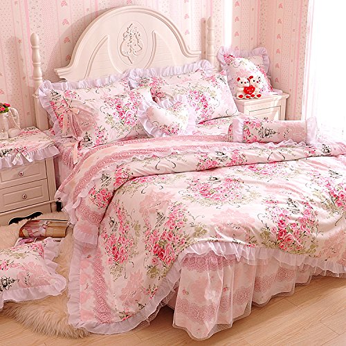 LELVA Romantic Rose Floral Print 4-Piece Bedding Set for Girls - Pink Full Size Duvet Cover with Princess Lace Ruffle & Bed Skirt | Perfect for Princess Themed Bedrooms, Girls' Room Decor, and Gift Giving