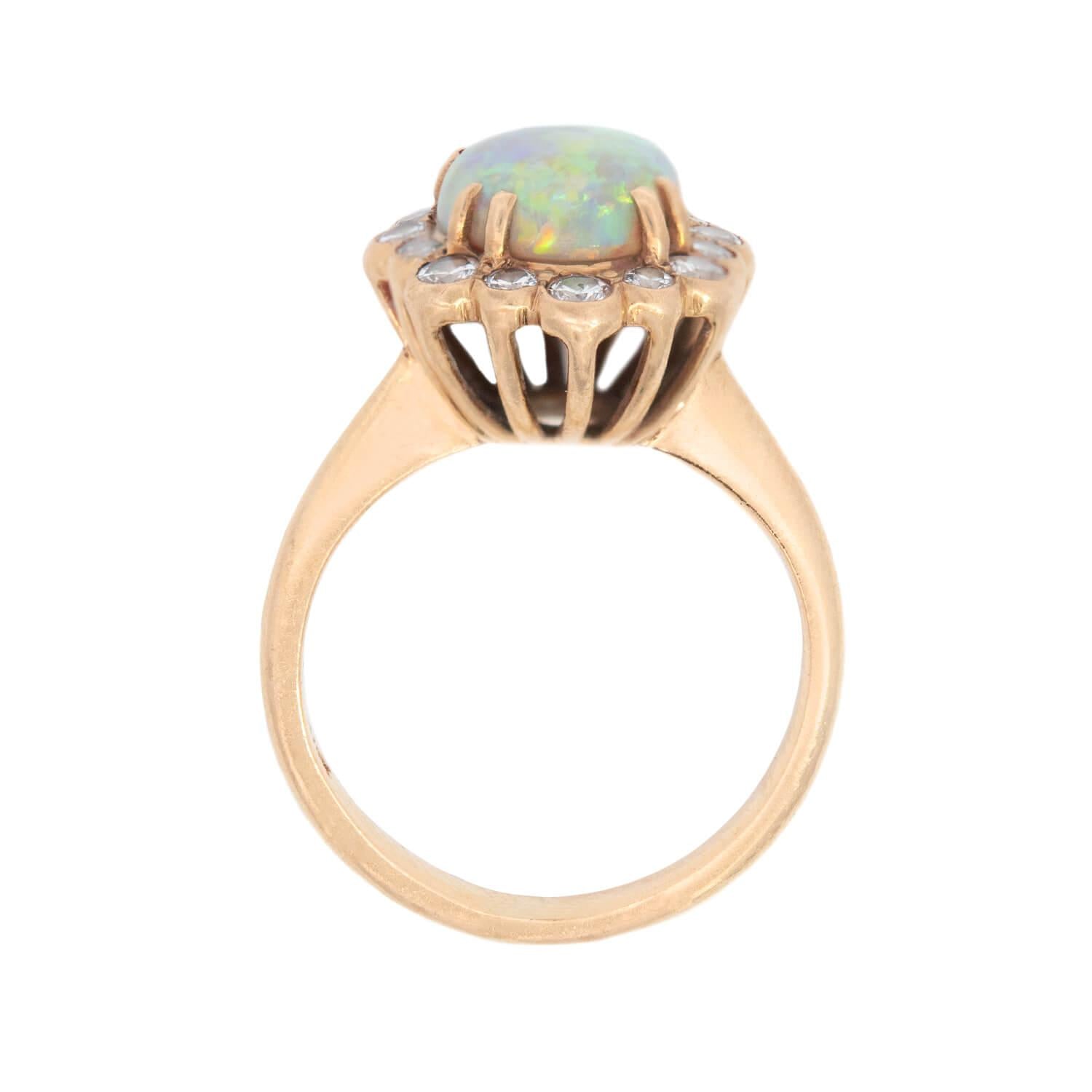 Vintage 18K Gold Opal and Diamond Halo Ring - Elegant Engagement, Wedding, Anniversary Jewelry Gift for Women