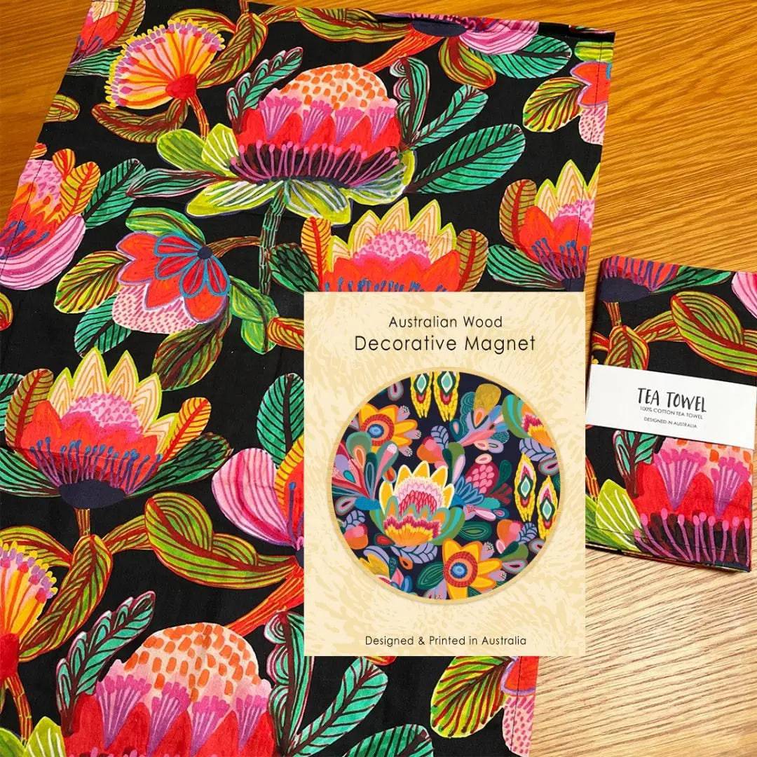 Folk Flowers Tea Towel & Wooden Fridge Magnet Gift Set - Handmade Kitchen Decor, Housewarming Gift for Home, Perfect for Farmhouse Style Kitchens and Rustic Home Decor