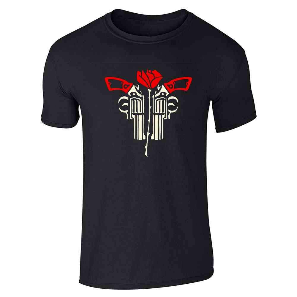 Men's Gunslinger Rose & Revolvers Graphic T-Shirt - Vintage Western Style Cotton Tee for Casual Wear, Biker Outfits & Rock Music Events