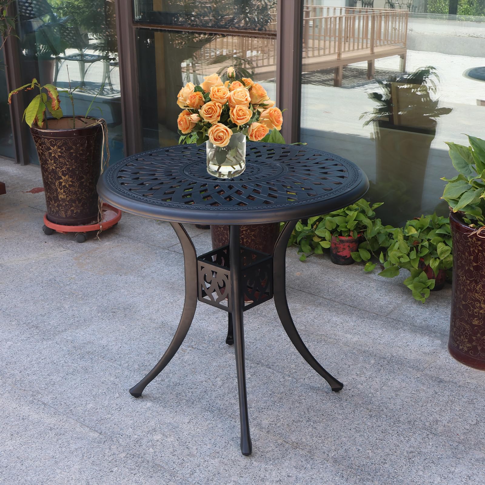 30 Inch Round Outdoor Patio Table with Umbrella Hole - Durable Cast Aluminum Bistro Table for Porch, Backyard, Garden - Weather-Resistant Metal Side Table (Black) - Perfect for Dining, Lounging and Outdoor Entertaining