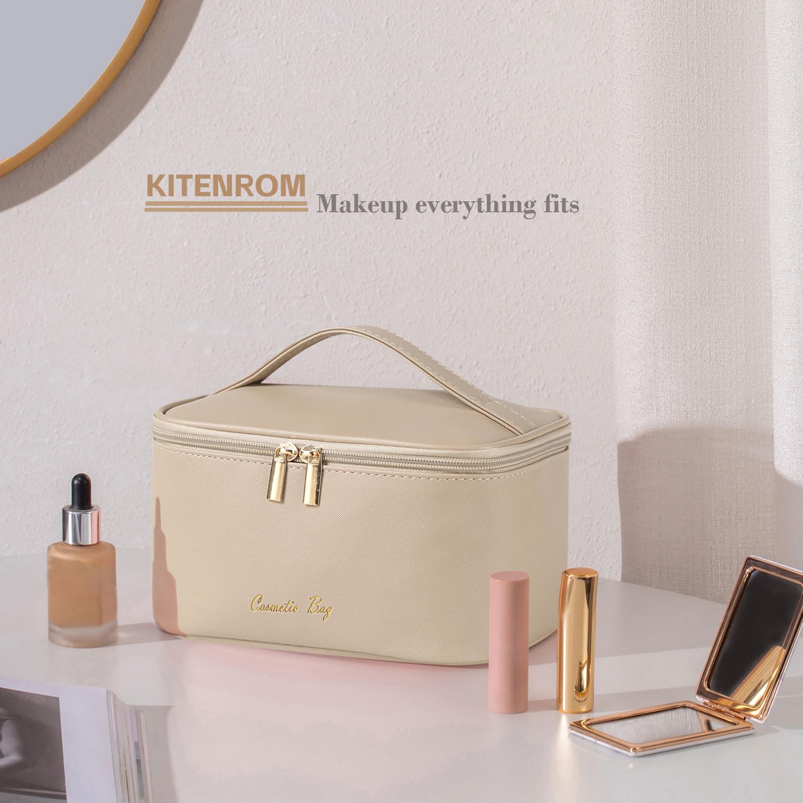 KITENROM Small Preppy Makeup Bag for Women - Cute Khaki Cosmetic Pouch & Travel Toiletry Organizer | Perfect for Daily Essentials, Gym, Travel & Gift Giving