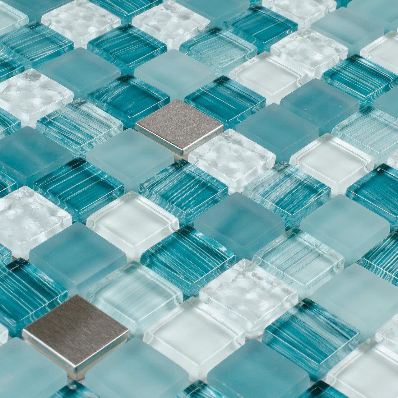 Turquoise Glass Mosaic Tile with Stainless Steel Blend - Perfect for Kitchen Backsplash, Bathroom Walls & DIY Home Decor Projects