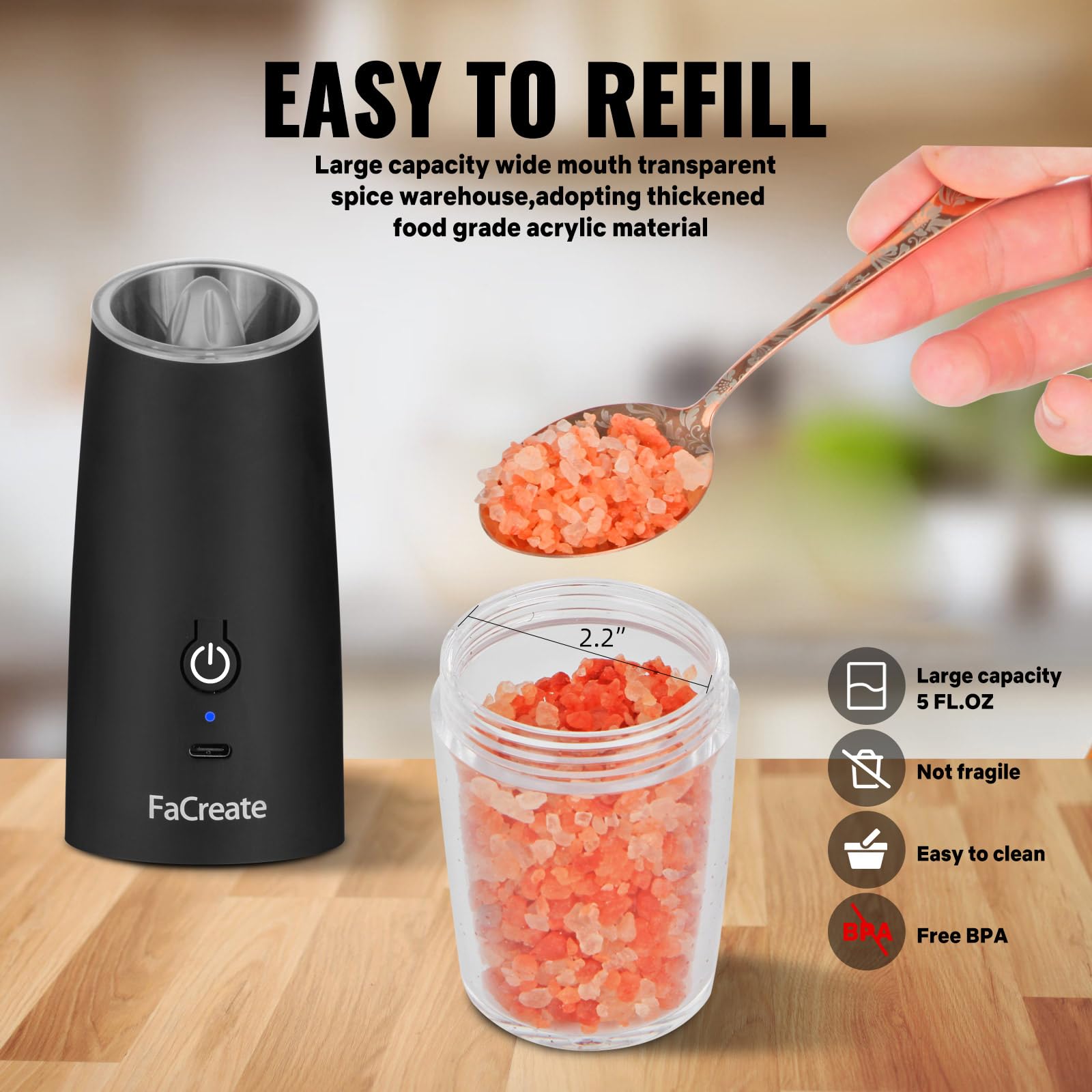 UPGRADED USB Rechargeable Electric Salt and Pepper Grinder Set - Battery Powered Automatic Mill with Adjustable Coarseness & LED Light - 2 Pack Black for Kitchen, Dining Table, Camping & Gifts