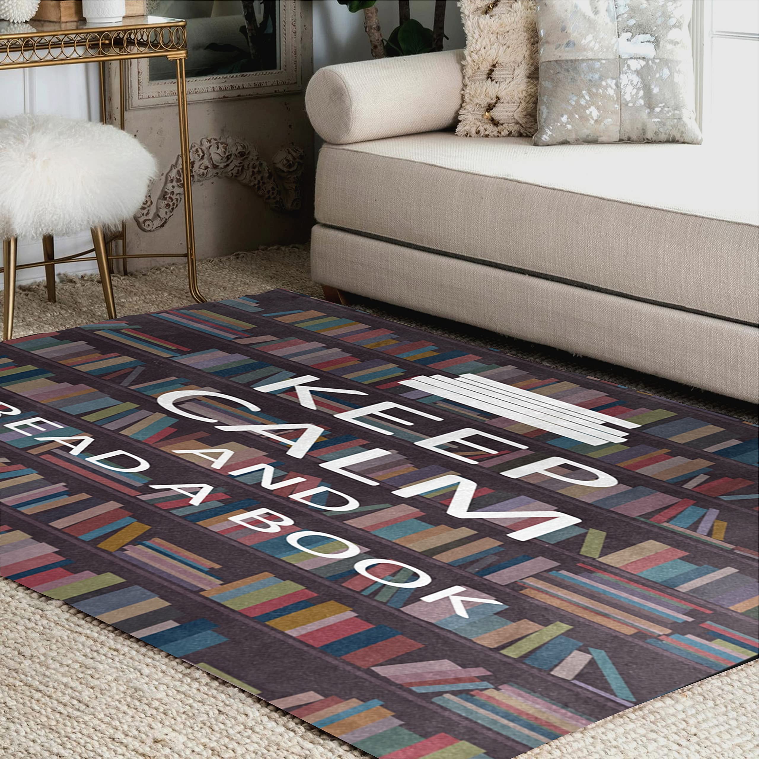 ALAZA Vintage Bookshelf Area Rug with 'Keep Calm and Read a Book' Quote - 7' x 5' Non-Slip Living Room & Bedroom Rug - Perfect for Cozy Reading Nooks, Home Libraries, and Book Lover Decor