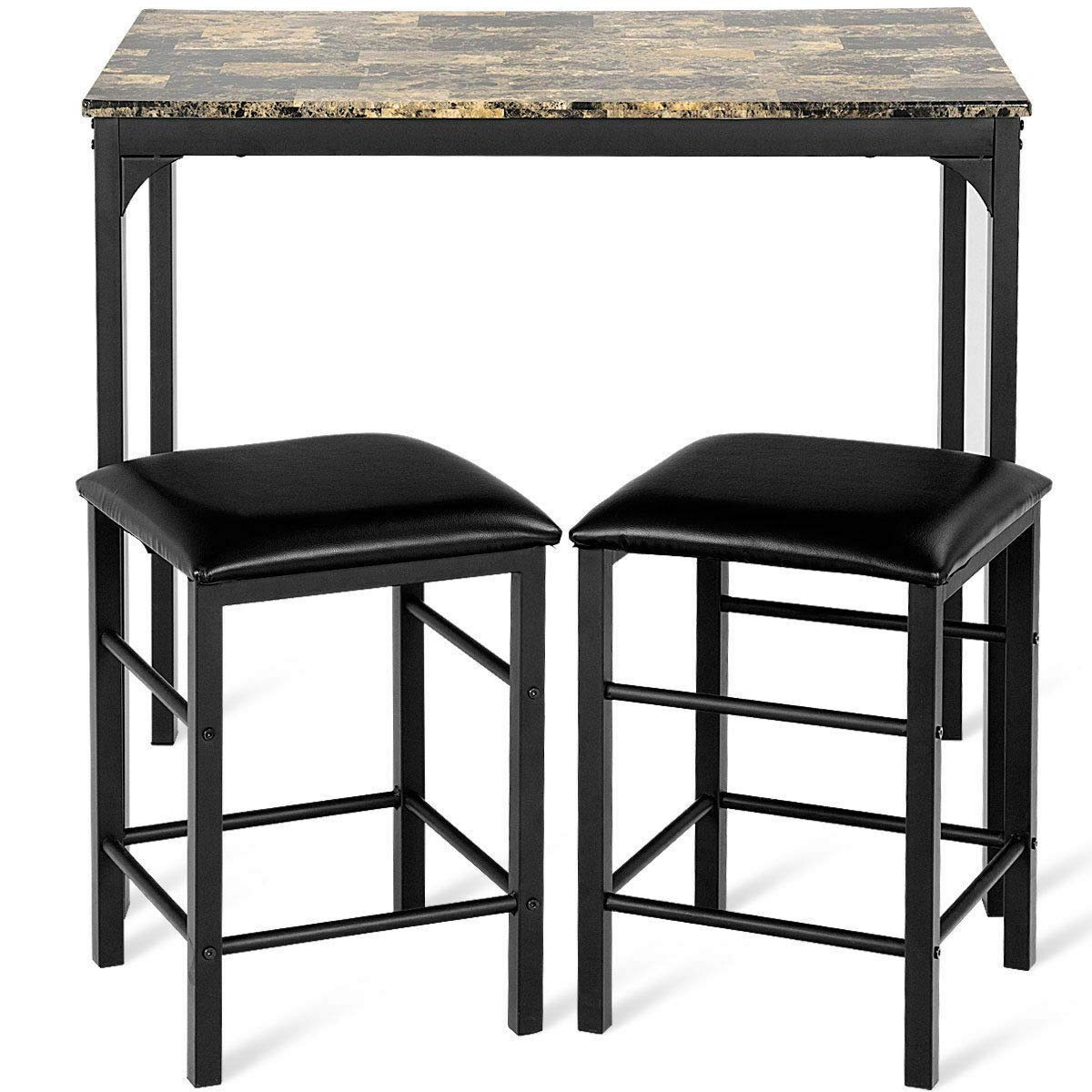 Black Faux Marble Counter Height Dining Set - 2 Chairs & Table for Kitchen, Bar, Breakfast Nook - Modern 3-Piece Kitchen Furniture Set for Small Spaces & Apartments