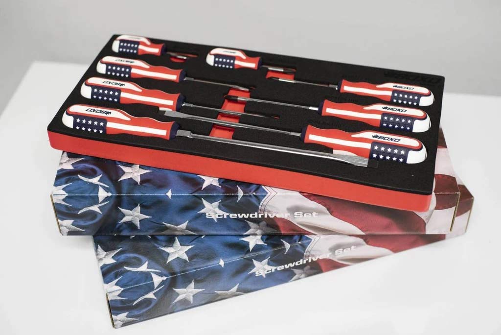 BOXO Limited Edition 8-Piece American Flag Handle Screwdriver Set - Durable Home & Auto Repair Tools for DIY Projects, Construction, and Maintenance