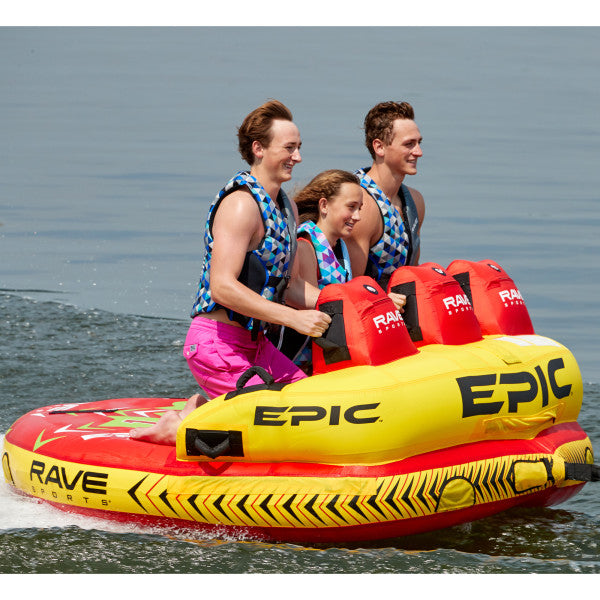 Rave Sports Epic 3 Rider Towable Tube - Heavy Duty Inflatable Water Tube for Boating, Lakes & Beach Fun - Perfect for Family & Friends Water Sports Activities