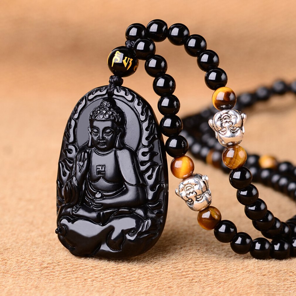 Natural Obsidian Pendant Necklace for Women & Men - Zodiac Bodhisattva Amulet Talisman in White Copper | Spiritual Protection & Fashion Jewelry for Daily Wear, Meditation & Gifts
