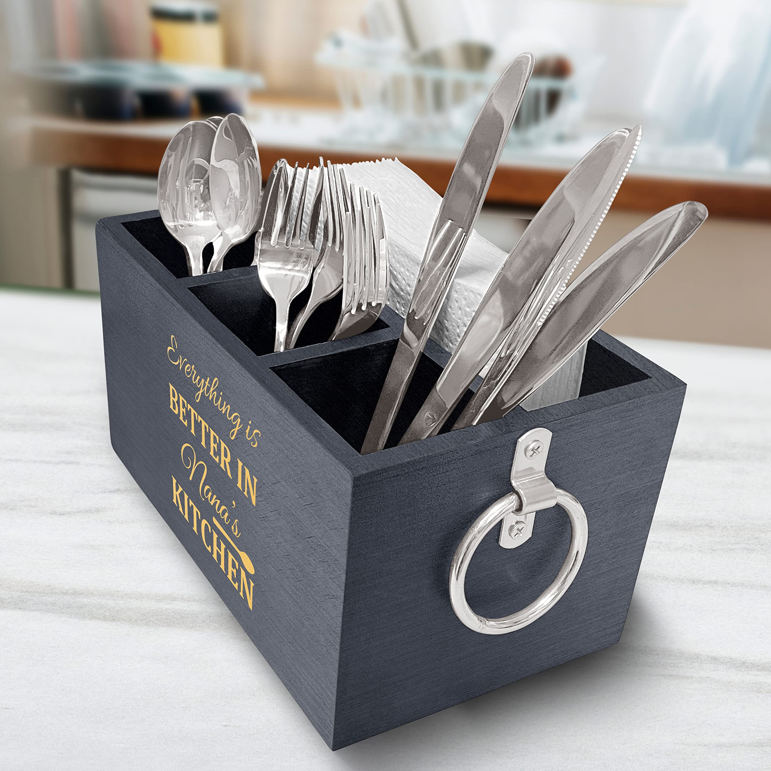 Elegant Wooden Kitchen Utensil Organizer with 3 Compartments - Engraved 'Nana's Kitchen' Quote - Countertop Caddy Box for Spoons, Forks & Cooking Tools - Perfect for Home Kitchen Organization & Gift Idea