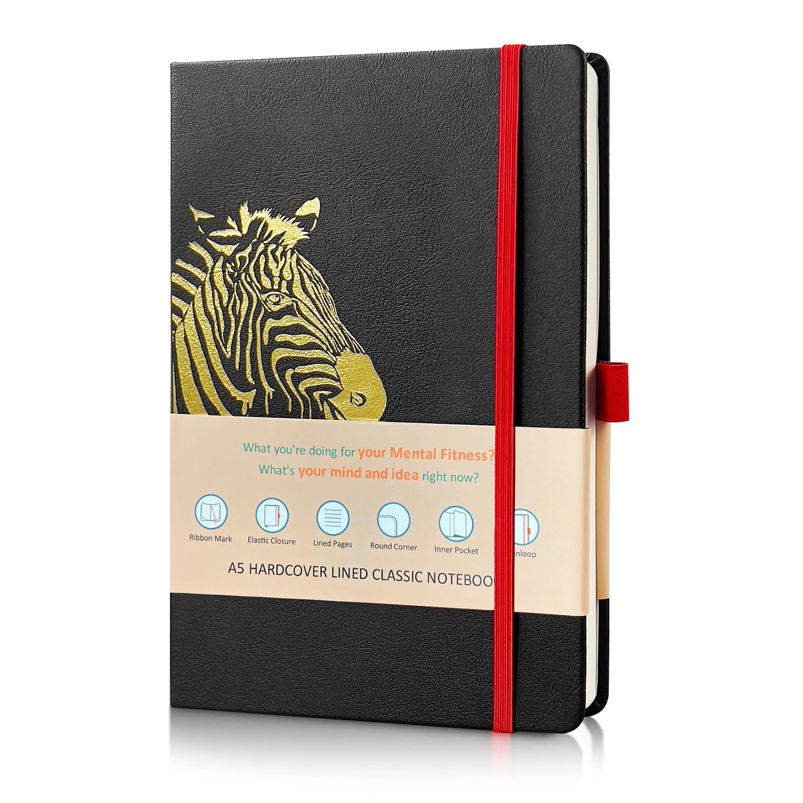 Premium Lined Black Journal Notebook - 192 Pages A5 Hardcover with Thick Paper, Pen Loop & Pocket - College Ruled for Writing, Note Taking - Perfect for Travel, Business, Work, School & Daily Use - 5.6