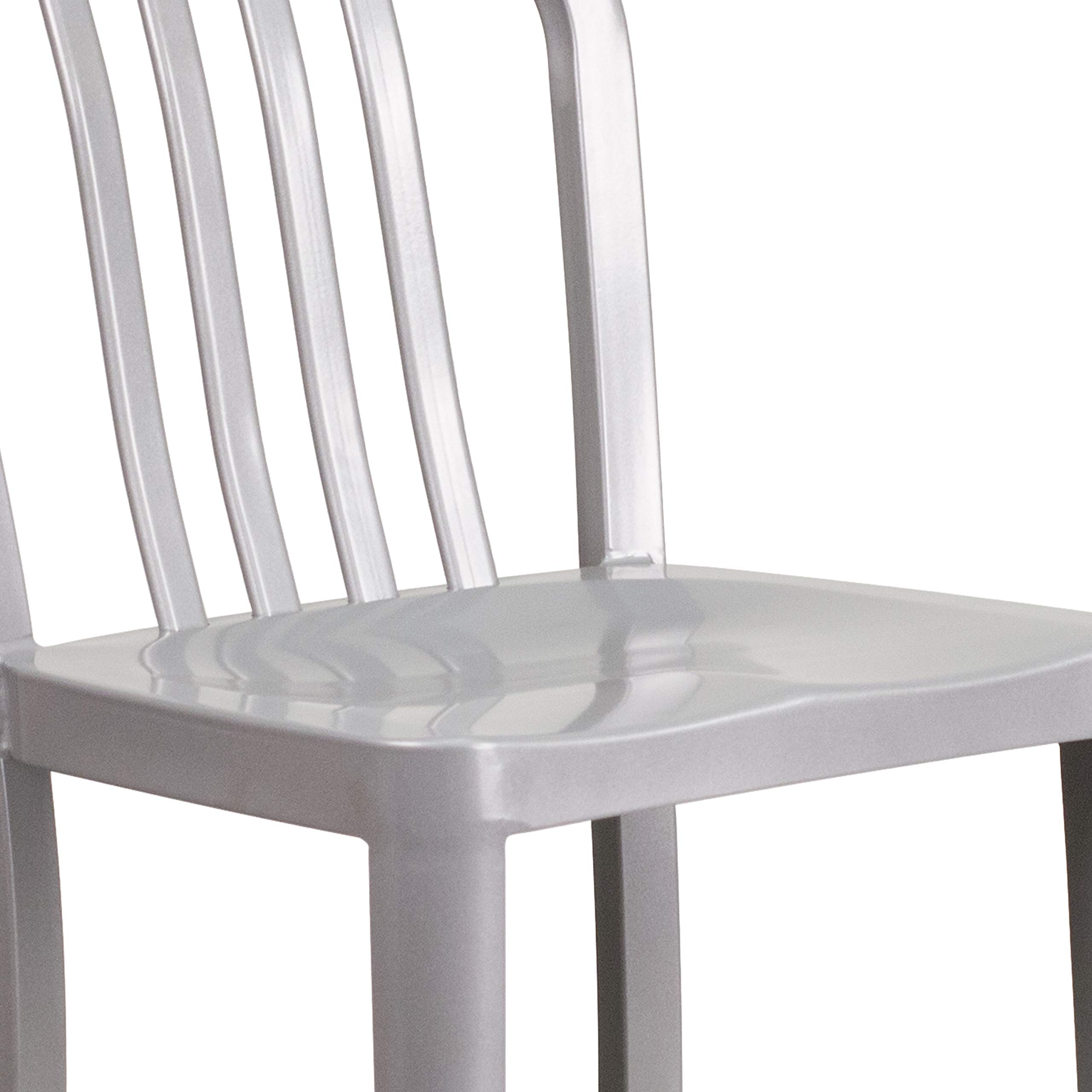 2 Pack 24 Inch Silver Metal Counter Height Bar Stools - Indoor Outdoor Use with Vertical Slat Back - Perfect for Kitchen Island, Breakfast Nook, and Patio Dining