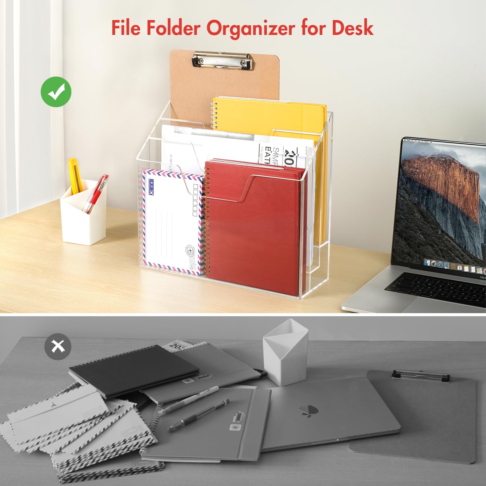 BEYGORM 3-Tier Acrylic File Folder Holder Organizer - Clear Wall Mount & Desktop Magazine Storage for Office & Home - Vertical Upright File Organizer for Documents, Bills, Mail - Perfect Desk Organizer for Small Spaces