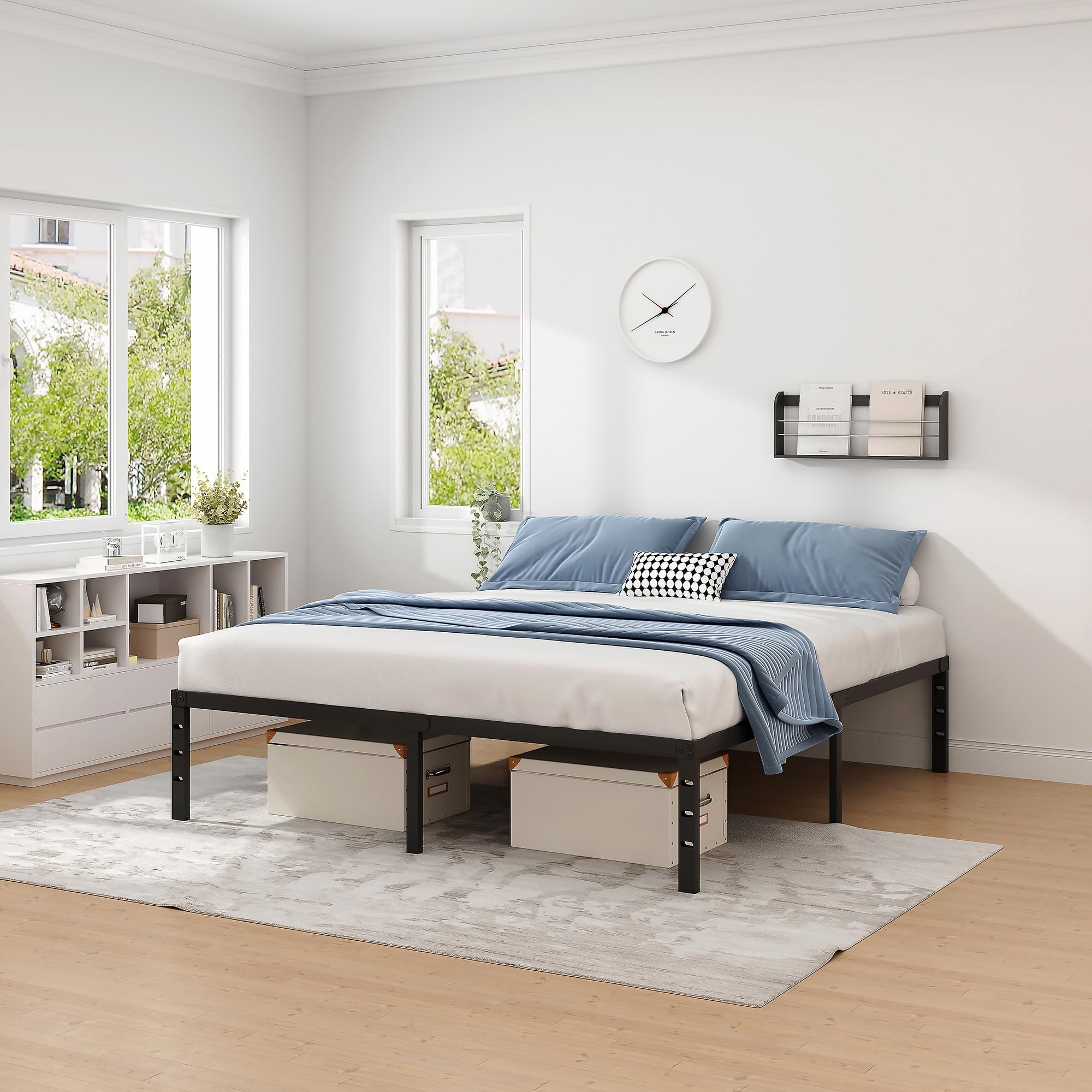 Queen Size Metal Bed Frame with Storage Space - Heavy Duty Sturdy Mattress Foundation, Easy Assembly, No Box Spring Needed - 18 Inch Black Bed Frame for Master Bedroom, Guest Room & Dorm