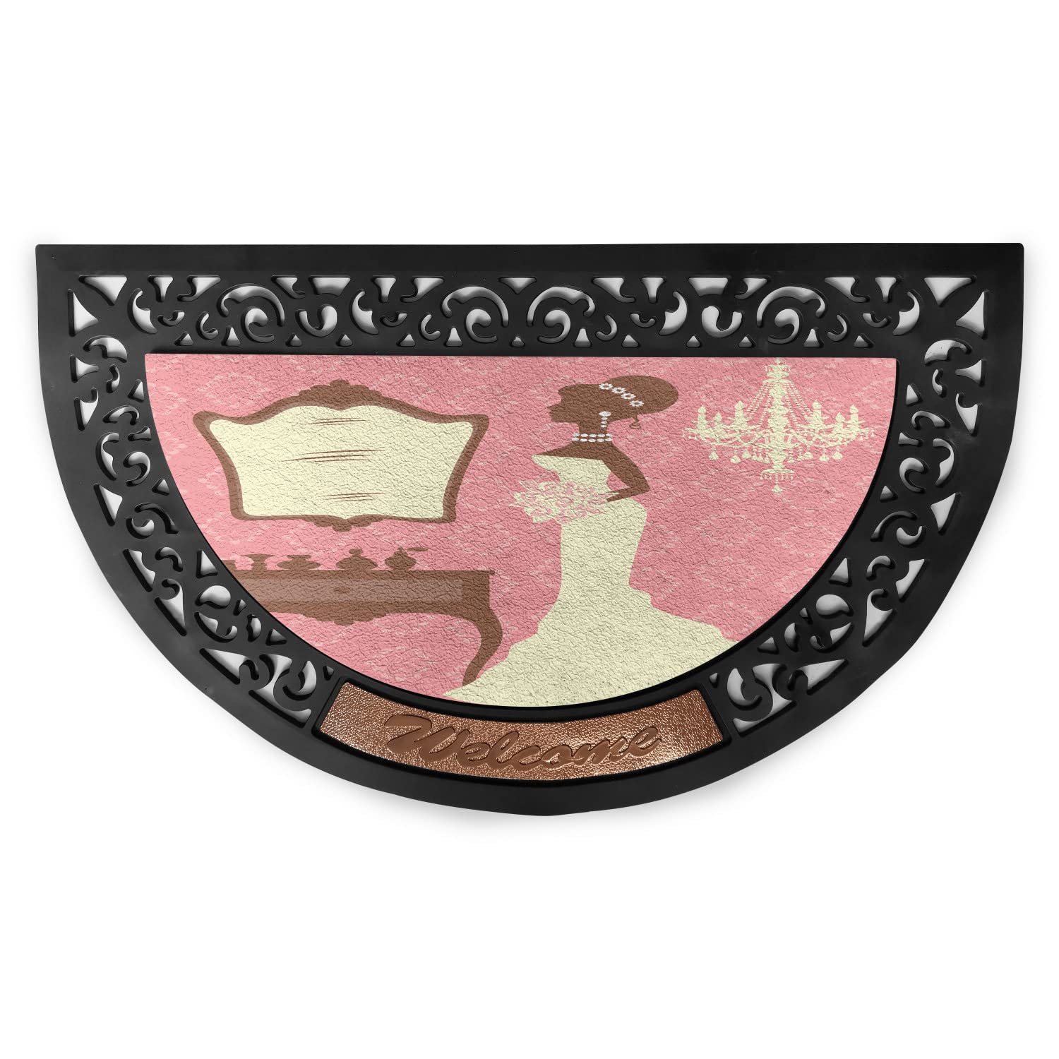Ambesonne Wedding Doormat Set - 2 Piece Semi-Circle Bridal Shower Welcome Mat with Floral Dress & Vanity Swirl Design, 19.6x31.4 Inches, Coral Brown & White - Perfect for Wedding Entryways, Bridal Showers & Anniversary Celebrations