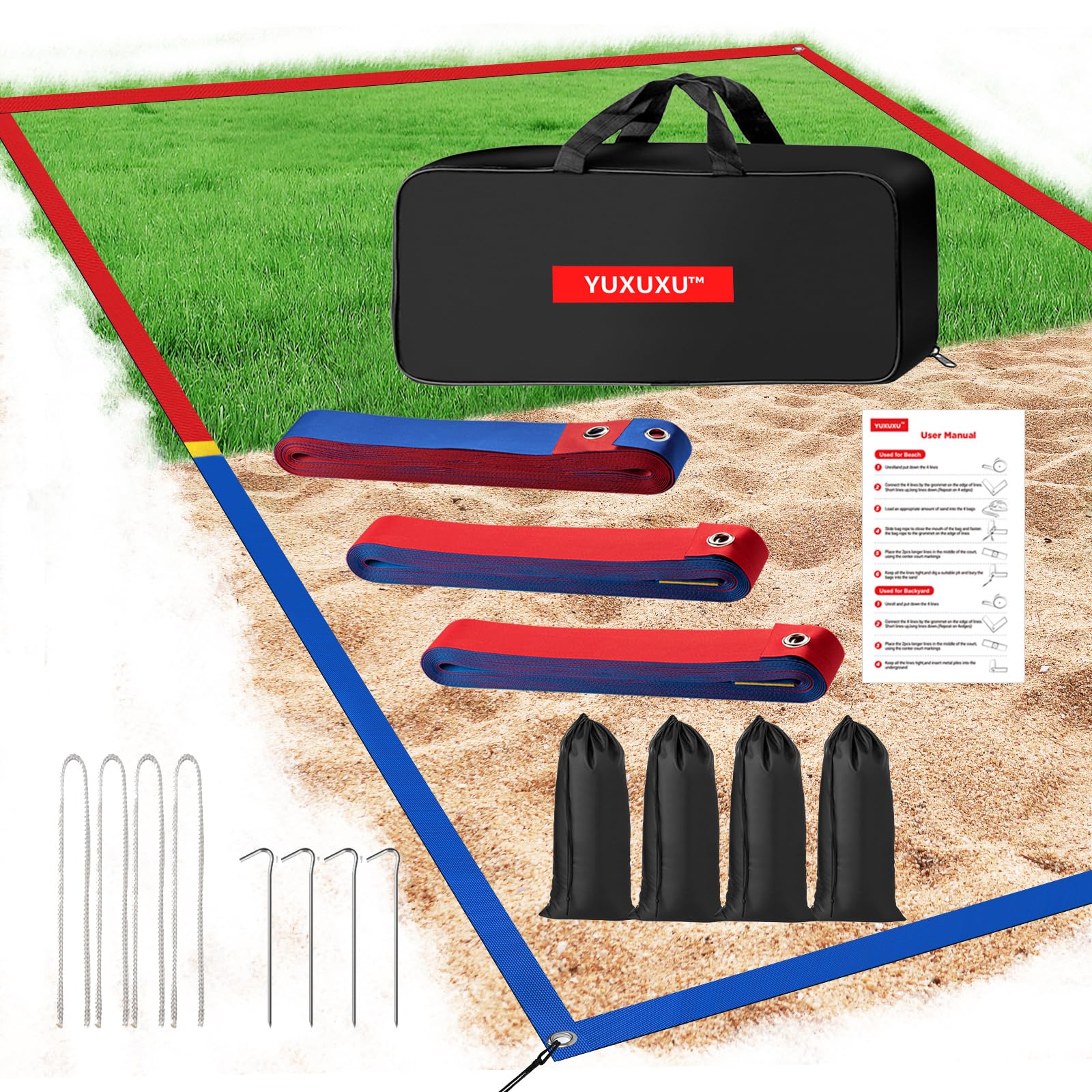 Professional Beach Volleyball Boundary Lines - 2 Inch Wide, High Visibility All-Weather Sand Court Markers with Stainless Steel Anchors & Sand Bags (Official 30'x60' & Short 26.3'x52.6' Court Sizes) - Perfect for Backyard Games, Tournaments & Beach Sports Training
