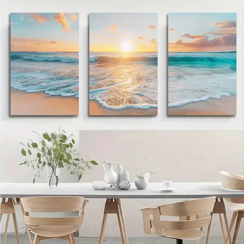 3-Piece Beach Sunset Wall Art Set - Framed Canvas Prints 50x70cm (20x28in) - High Quality Australian Made Wall Decor for Living Room, Bedroom & Office - Ready to Hang Coastal Home Decor