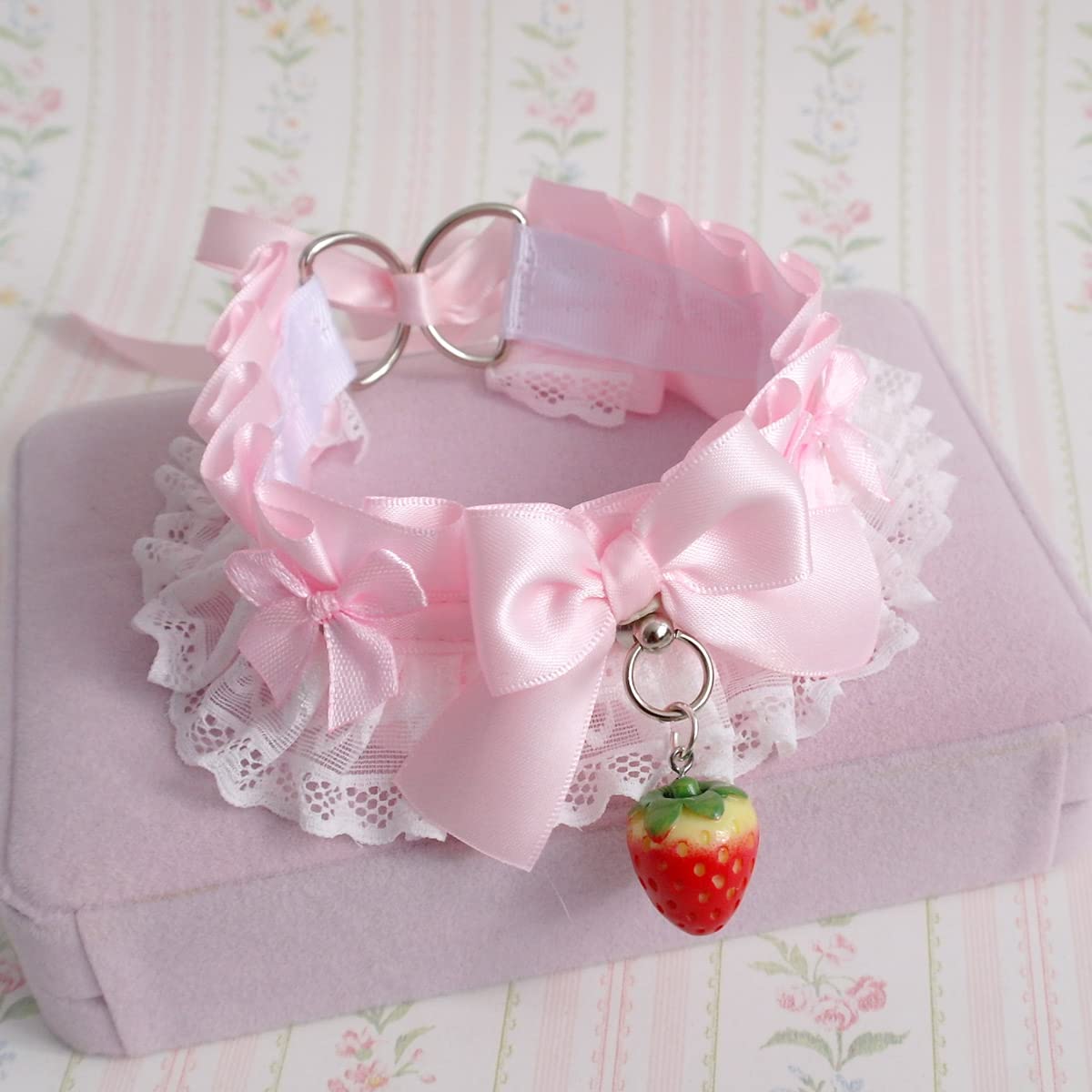 Red Strawberry Baby Pink Choker Necklace - Kawaii Kitten Play Collar with White Lace Ruffles Bow | Cute DDLG Neko Girl Accessories (19, Pink) | Perfect for Cosplay, Anime Conventions & Kawaii Fashion Outfits