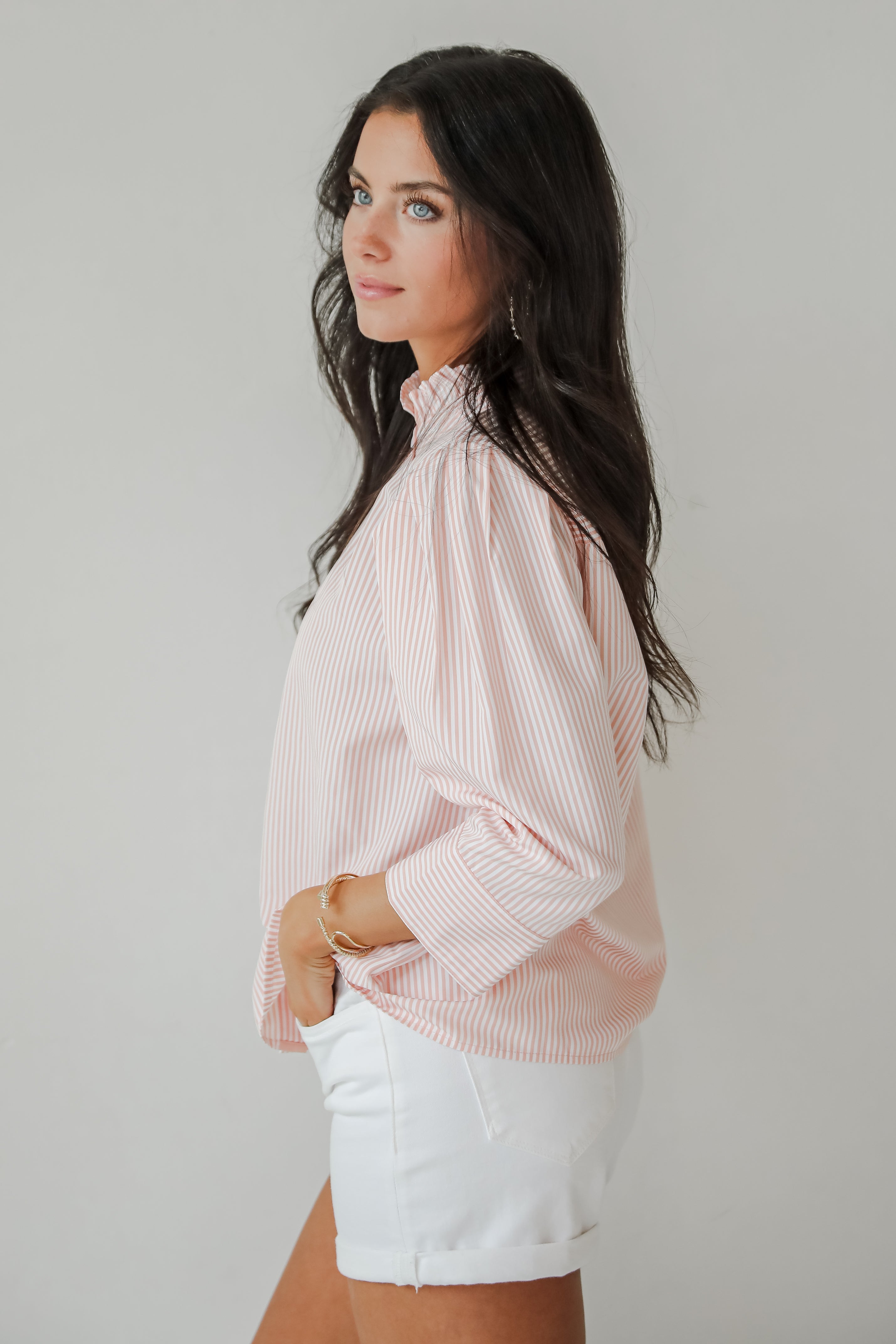 Casual Enchantment Blush Striped Blouse for Women | Trendy Striped Shirt | Perfect for Office, Date Night & Weekend Outfits