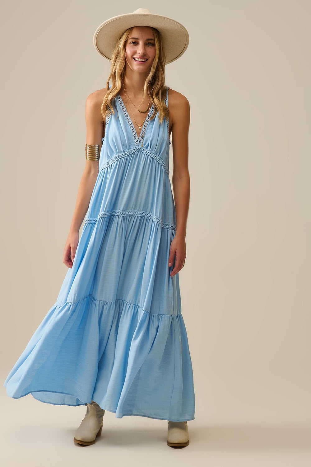 Elegant Long Flowy Robe with Lace Inserts in Light Blue - Perfect for Spa, Bridal Showers & Relaxing at Home
