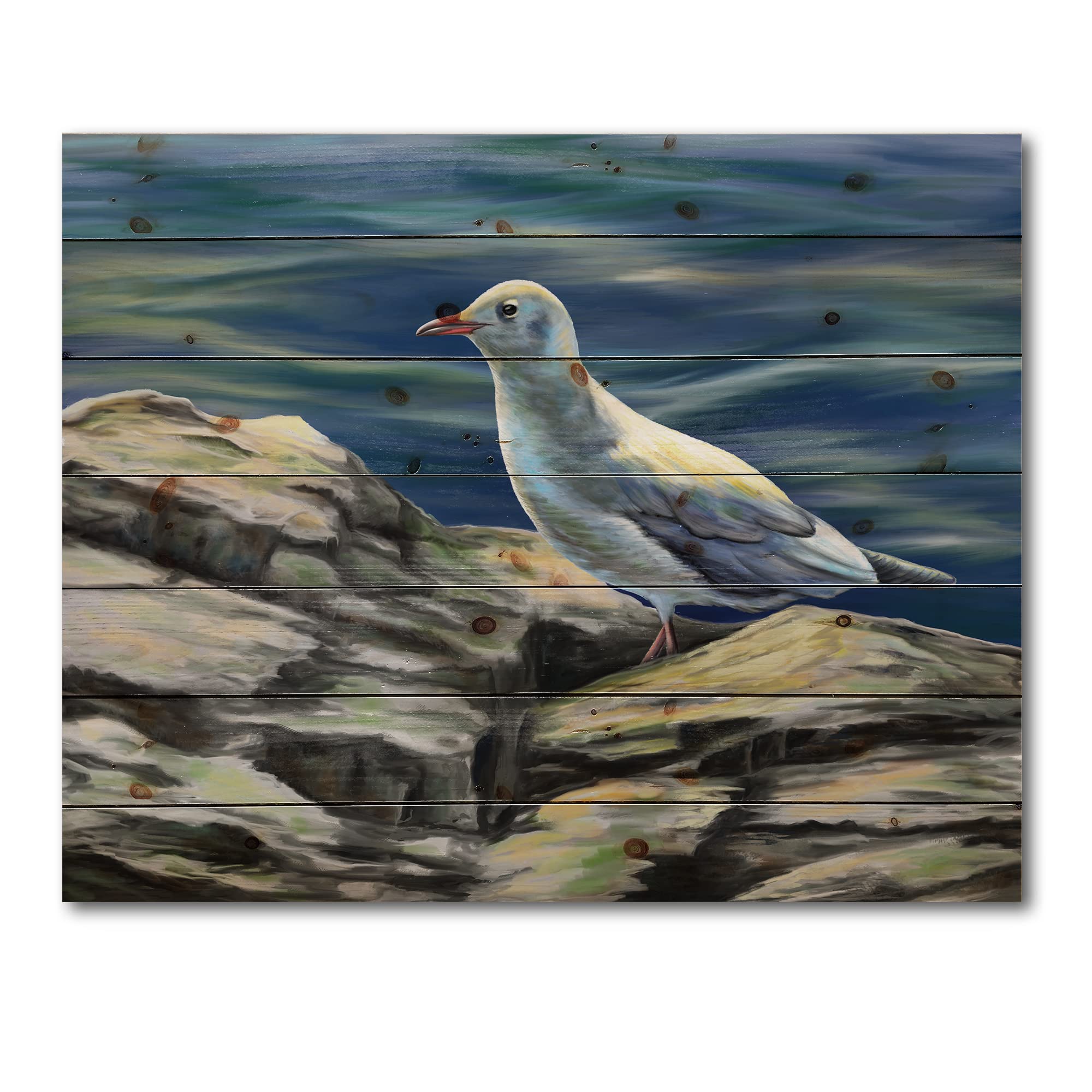 Seagull Birds By The Sea - Coastal Wood Wall Art Decor, Blue Nautical Animal Wall Panels Printed on Natural Pine Wood - Perfect for Beach House, Living Room & Coastal Home Decor