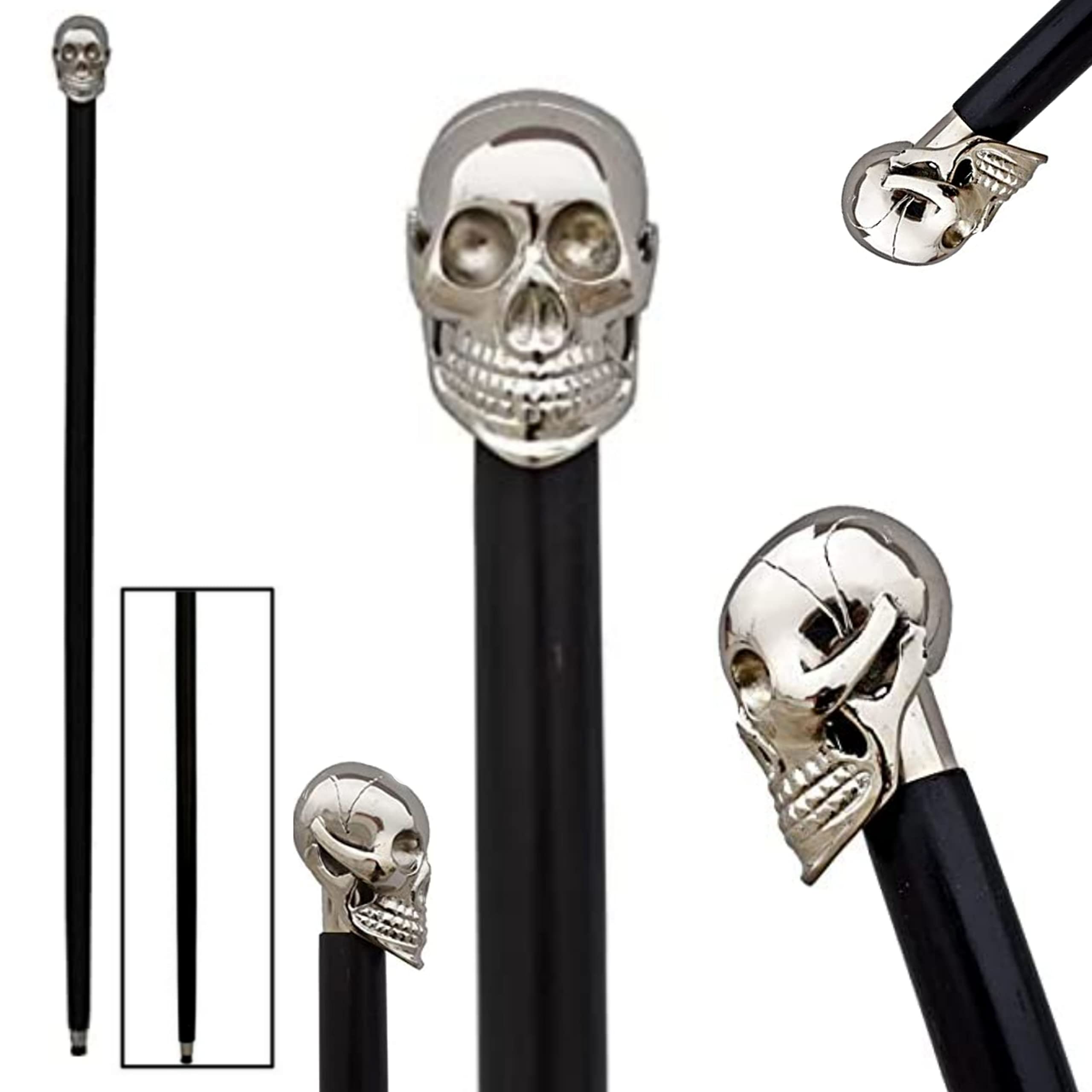 Vintage Brass Skull Head Walking Cane - Solid Wood Victorian Style Folding Cane with Brass Handle for Men & Women (36 Inch) - Perfect for Costume Parties, Gothic Fashion, and Mobility Support