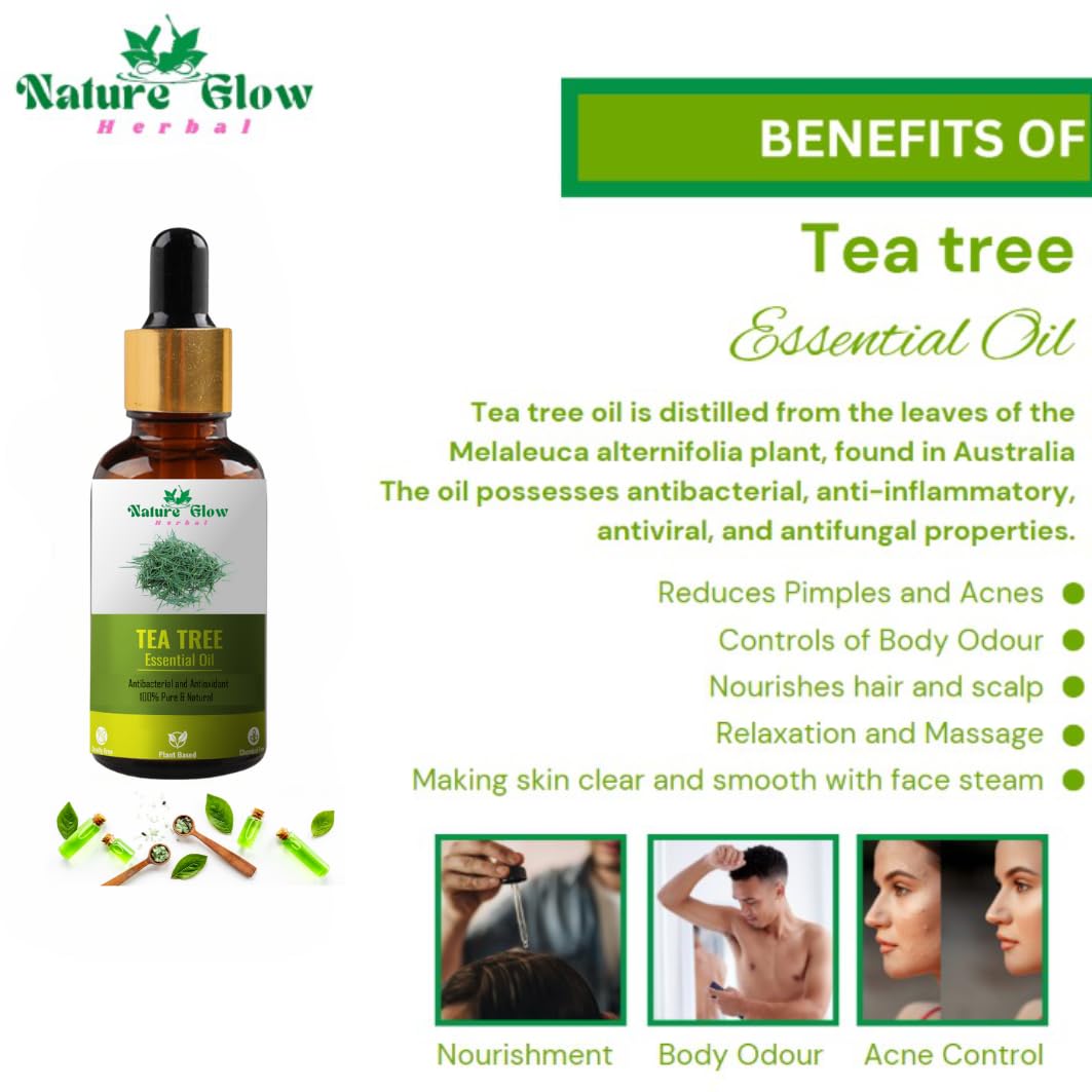 Nature Glow Herbal Tea Tree Essential Oil - 100% Pure, Undiluted for Acne, Pimples, Scars & Skin Care | Face & Hair Treatment | Anti-Dandruff Solution | Therapeutic Grade Aromatherapy Oil (15ml) - Perfect for DIY Beauty, Massage & Home Remedies