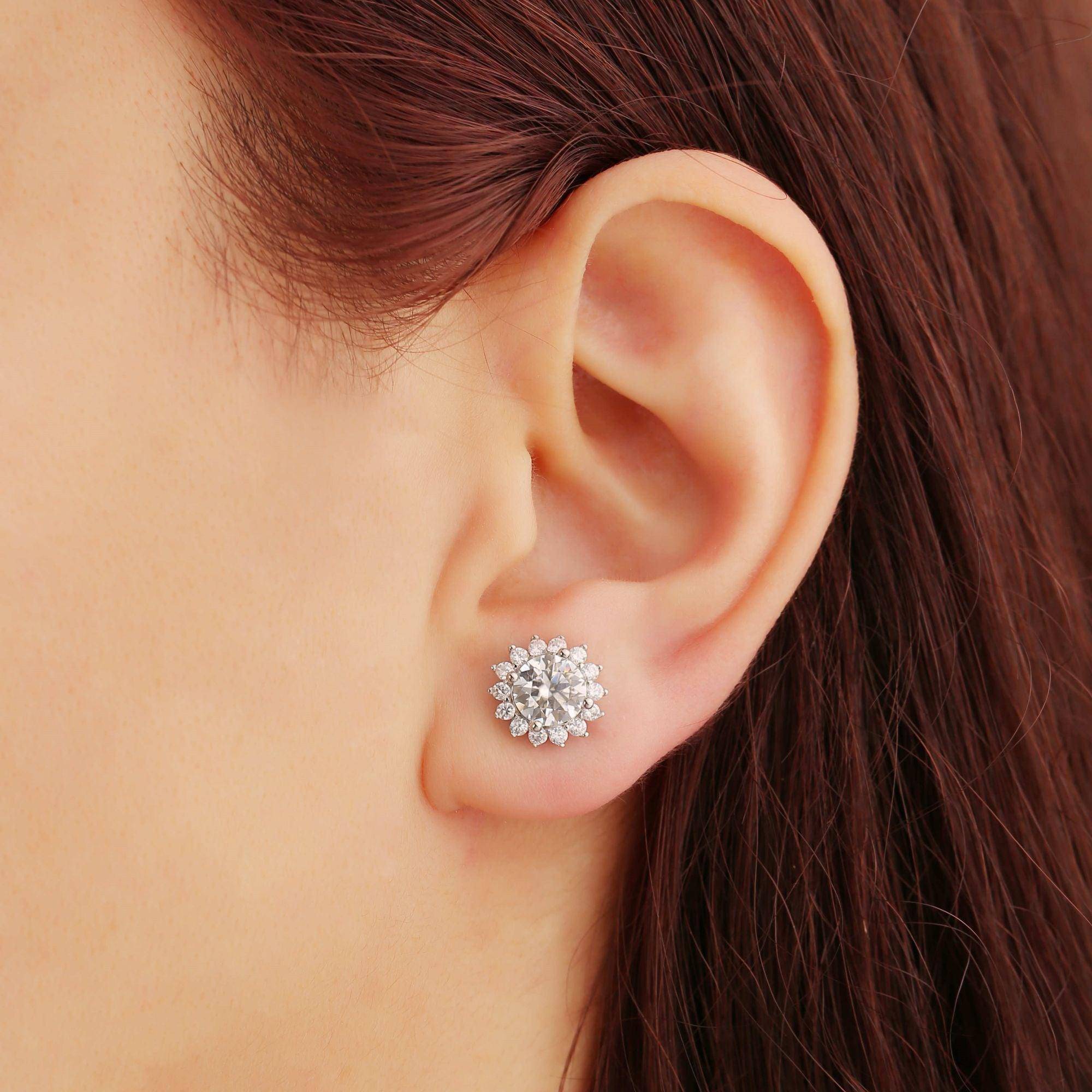2 Carat (Ctw) Sunflower Round Moissanite Stud Earrings for Women - Hypoallergenic 925 Sterling Silver Jewelry - Perfect for Weddings, Anniversaries & Everyday Elegance